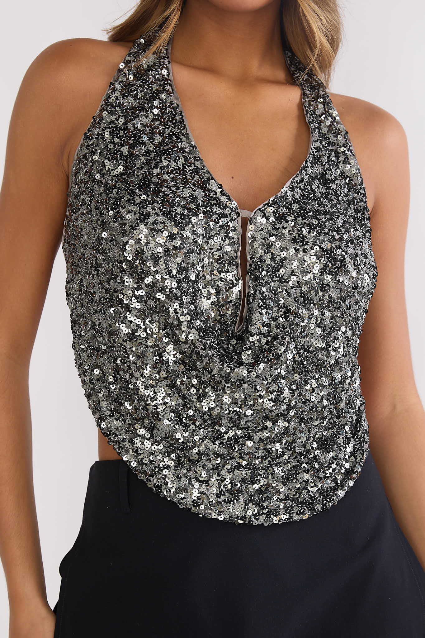 Marquess Backless Halter Top Sequin Gunmetal-Fable Dress
