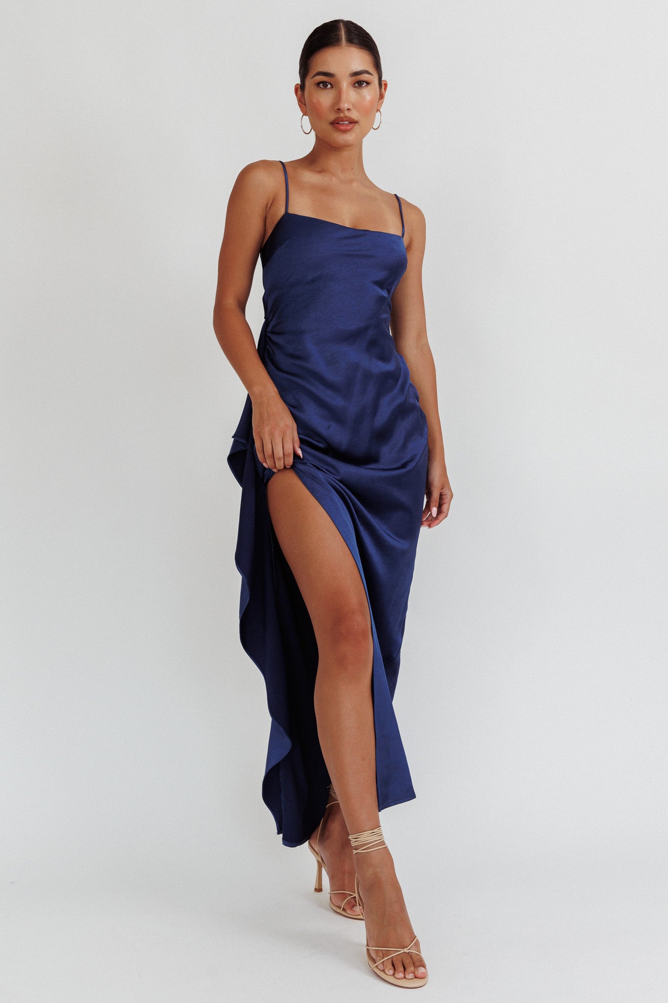 Night Swim Satin Leg Slit Maxi Dress Navy-Fable Dress
