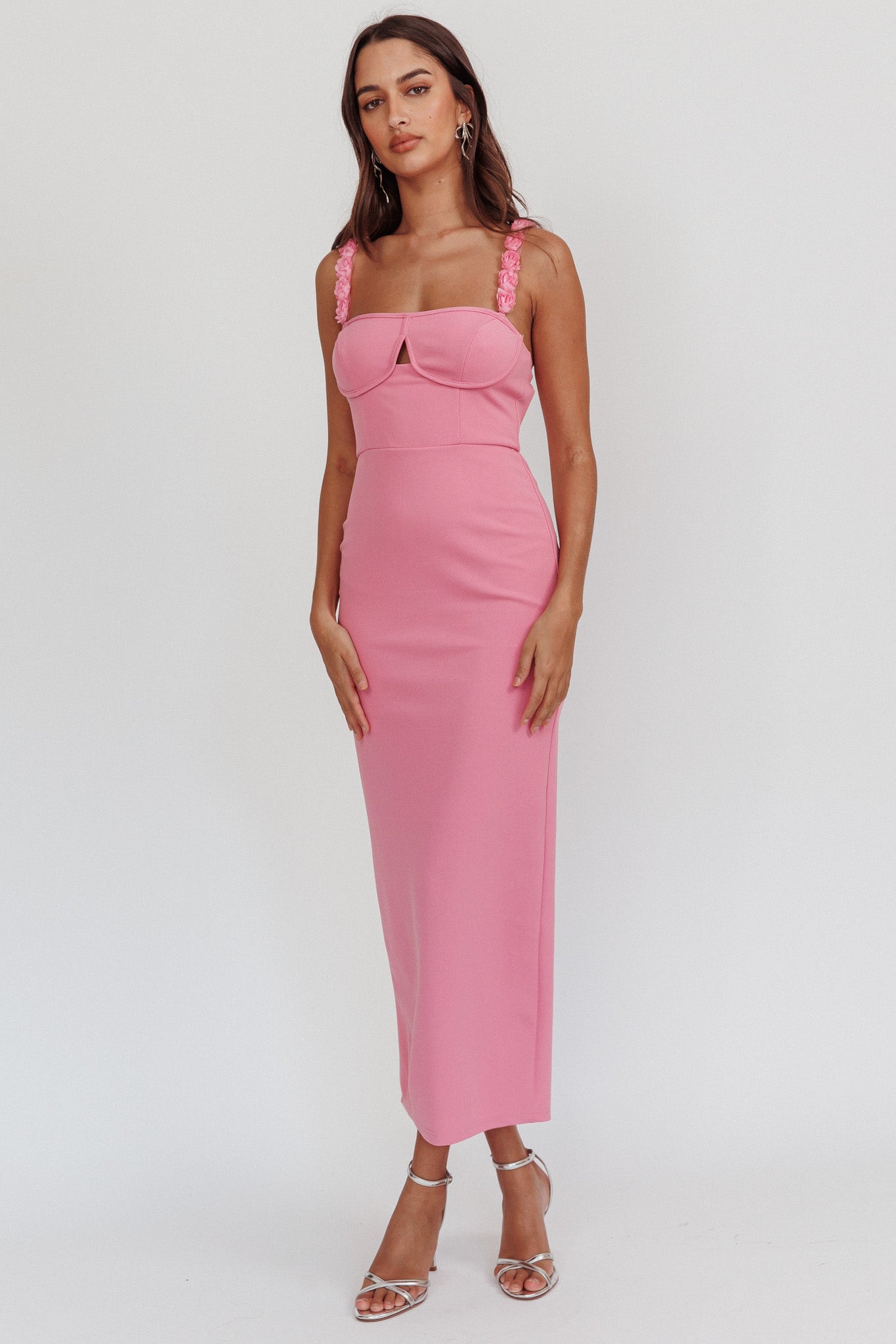 Marteen Rosette Strap Midi Dress Pink-Fable Dress