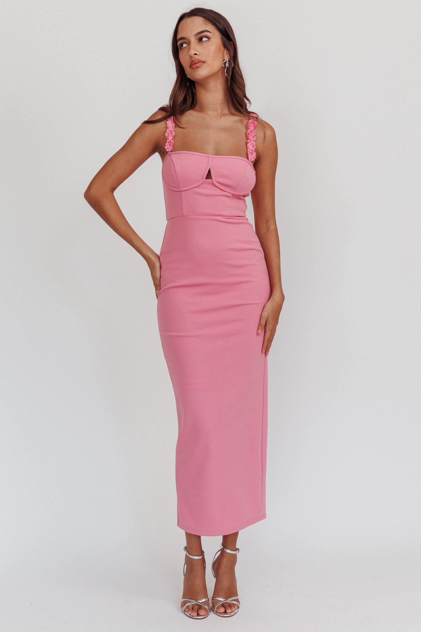 Marteen Rosette Strap Midi Dress Pink-Fable Dress