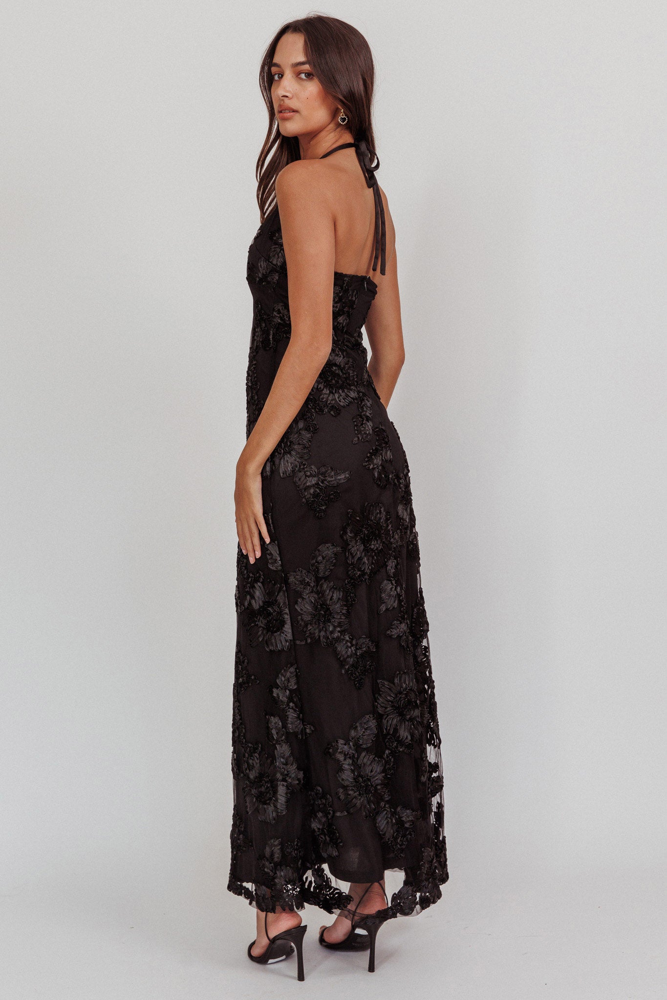 Your Affections Rosette Ribbon Embellished Maxi Dress Black-Fable Dress