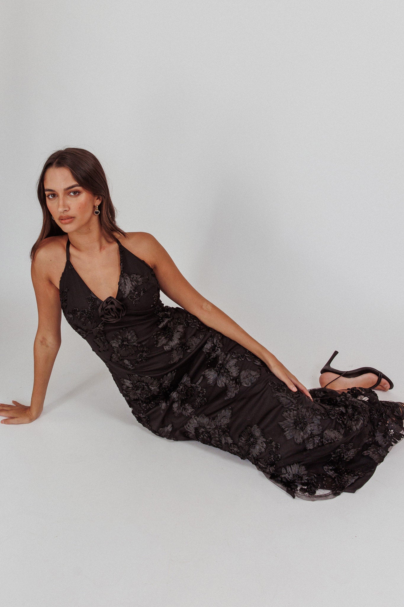 Your Affections Rosette Ribbon Embellished Maxi Dress Black-Fable Dress