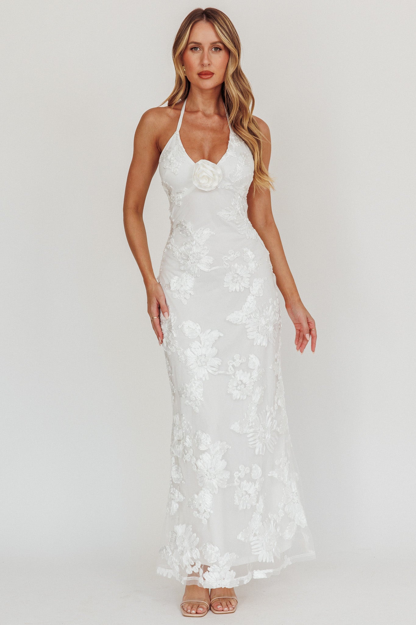 Your Affections Rosette Ribbon Embellished Maxi Dress White-Fable Dress