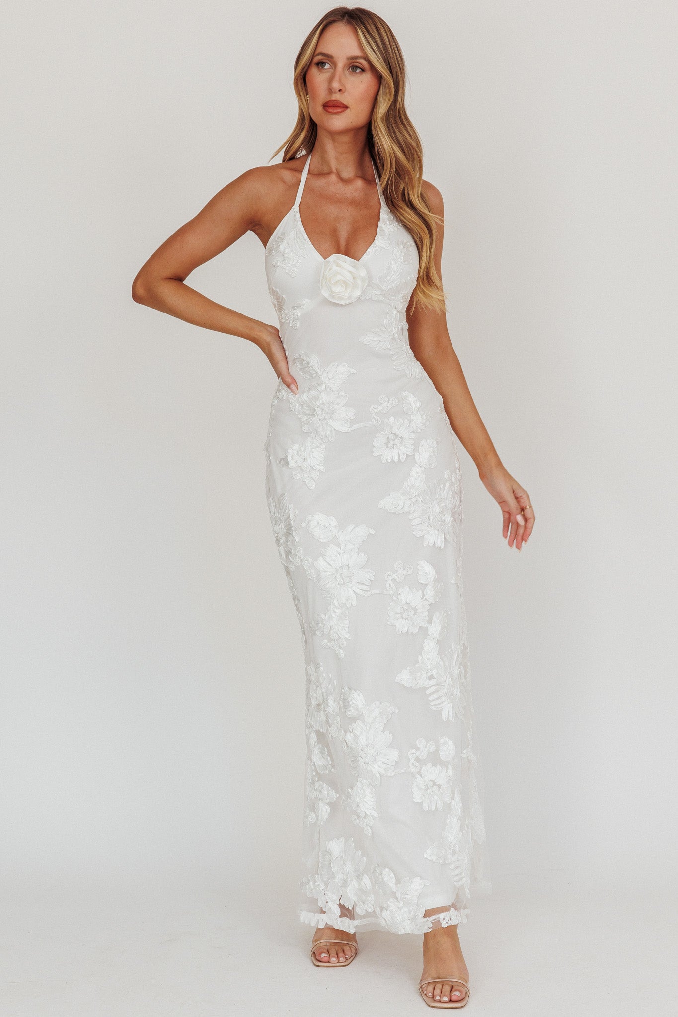 Your Affections Rosette Ribbon Embellished Maxi Dress White-Fable Dress