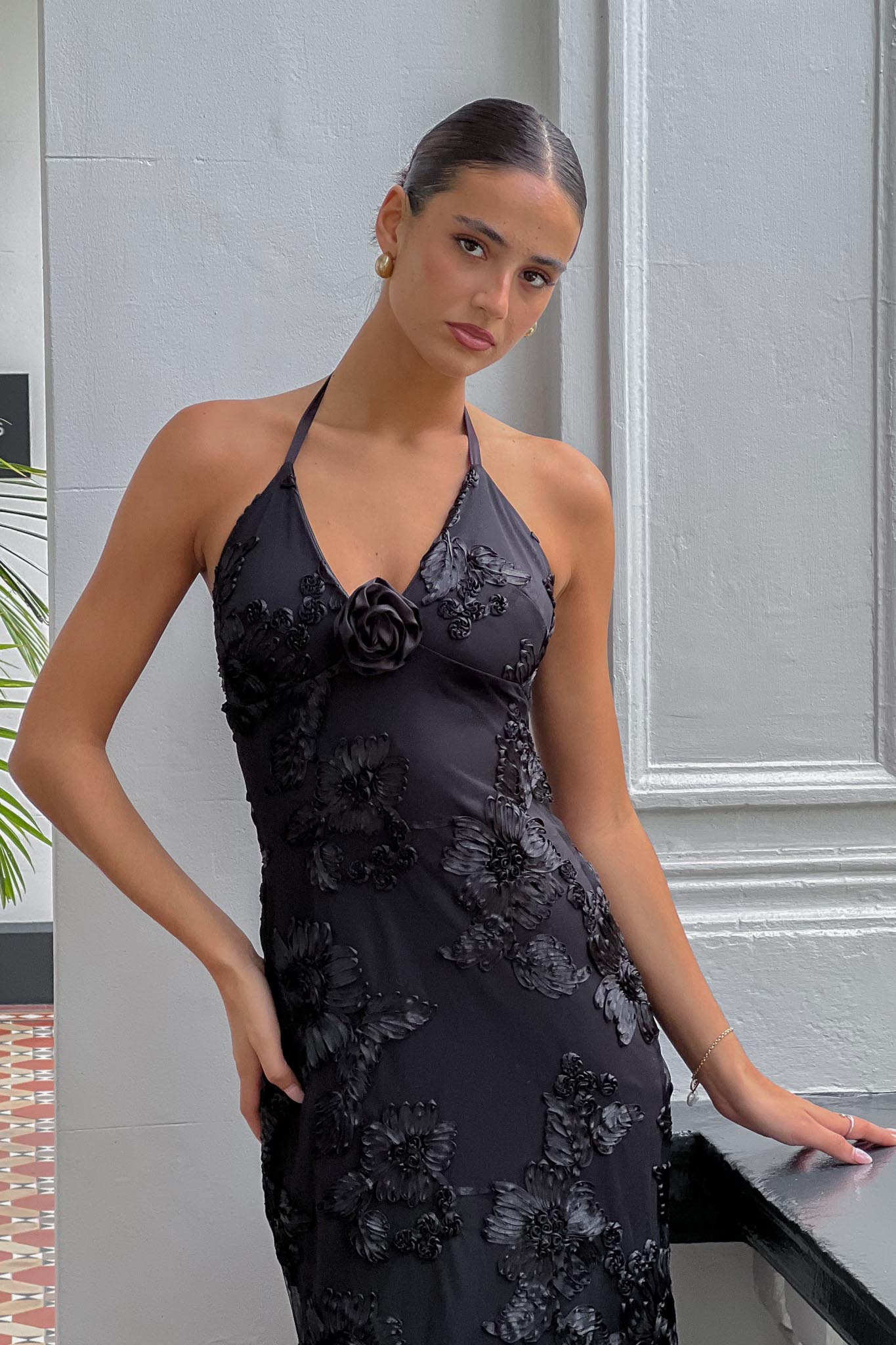 Your Affections Rosette Ribbon Embellished Maxi Dress Black-Fable Dress