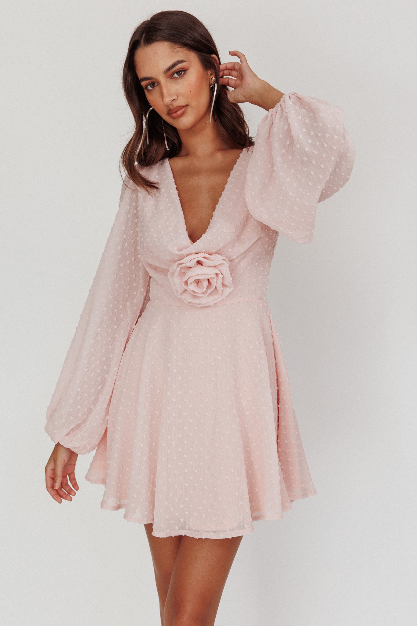 Open Heart Long Sleeve Rosette Mini Dress Baby Pink-Fable Dress