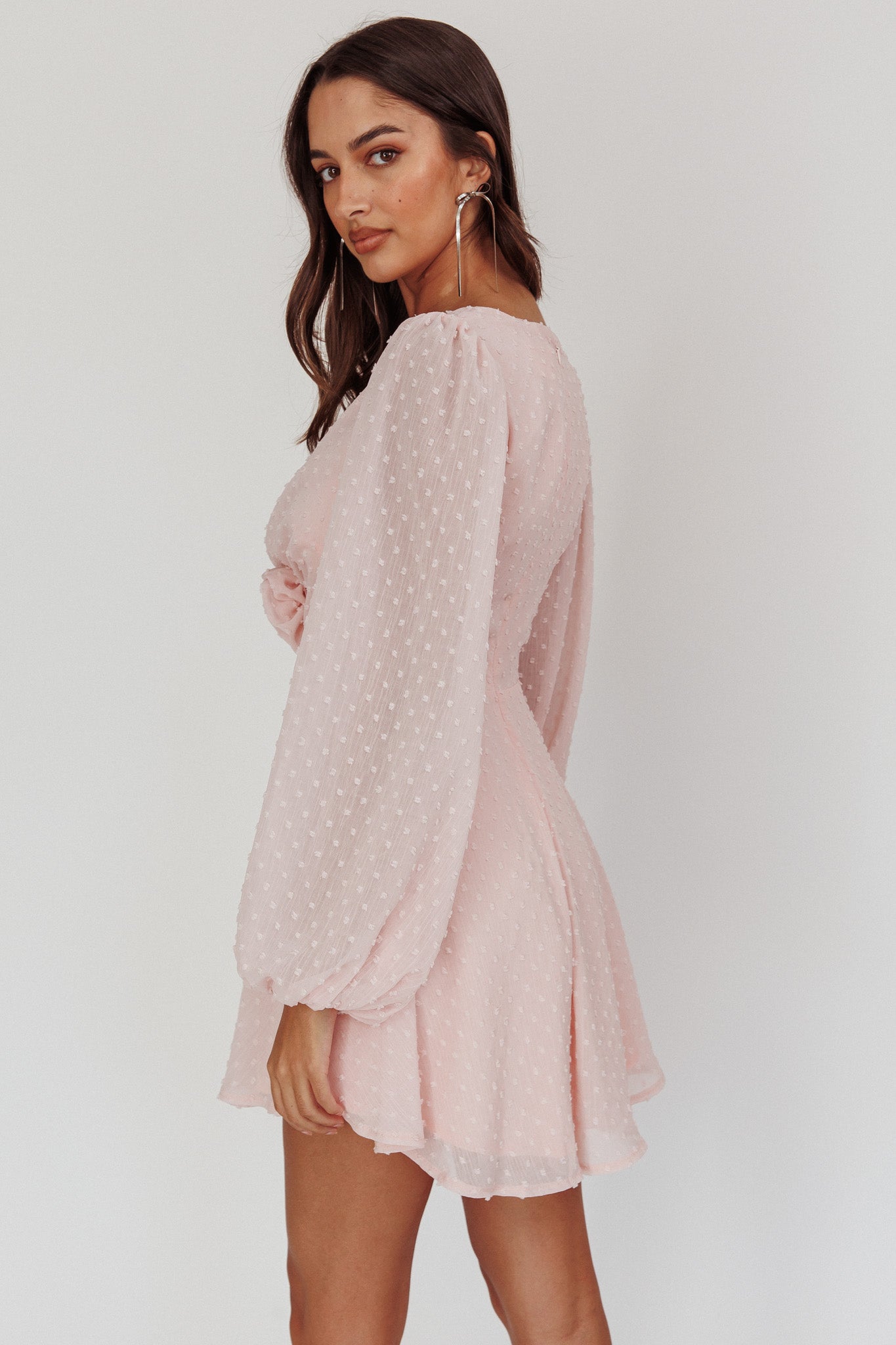Open Heart Long Sleeve Rosette Mini Dress Baby Pink-Fable Dress