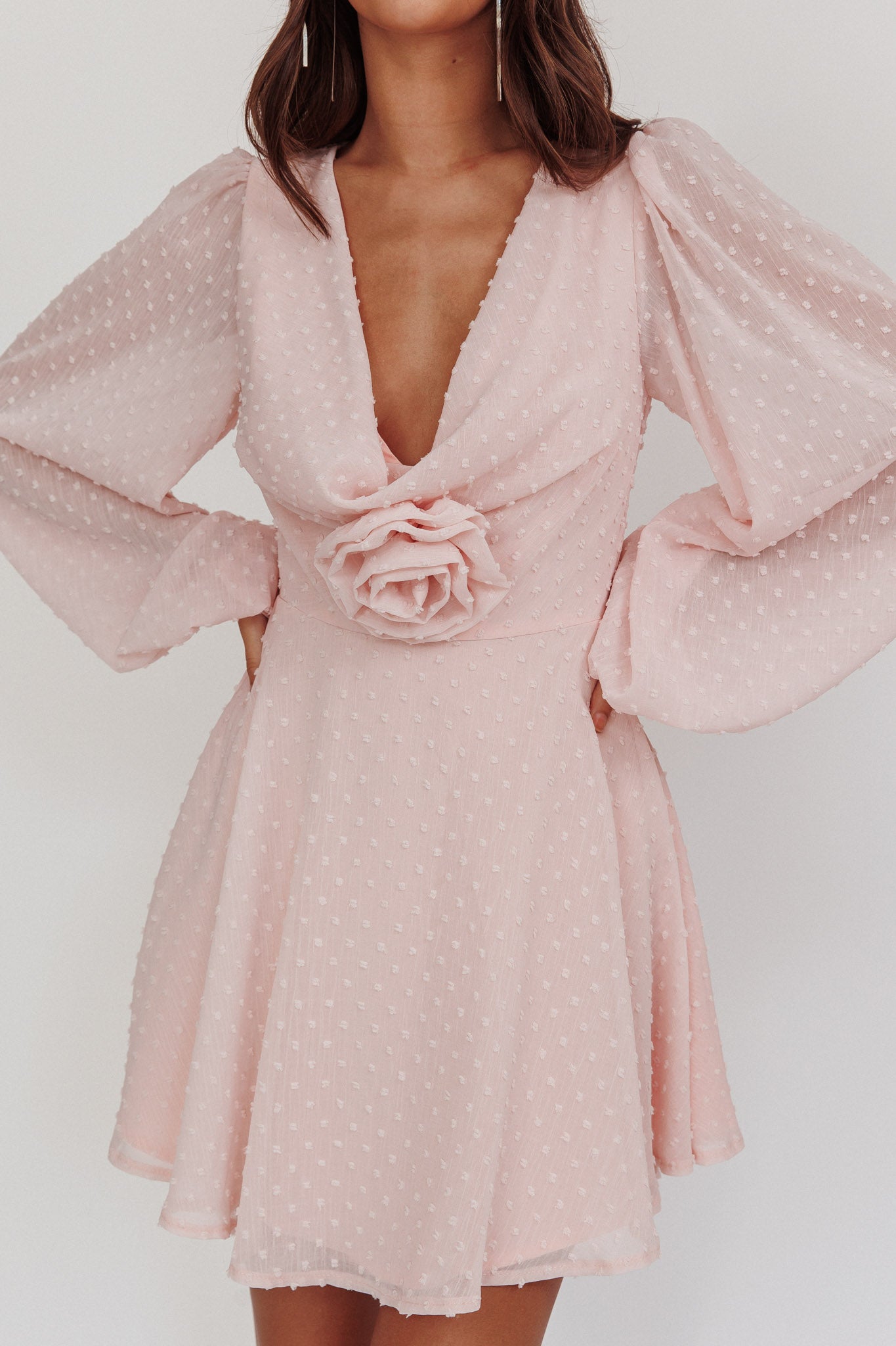 Open Heart Long Sleeve Rosette Mini Dress Baby Pink-Fable Dress