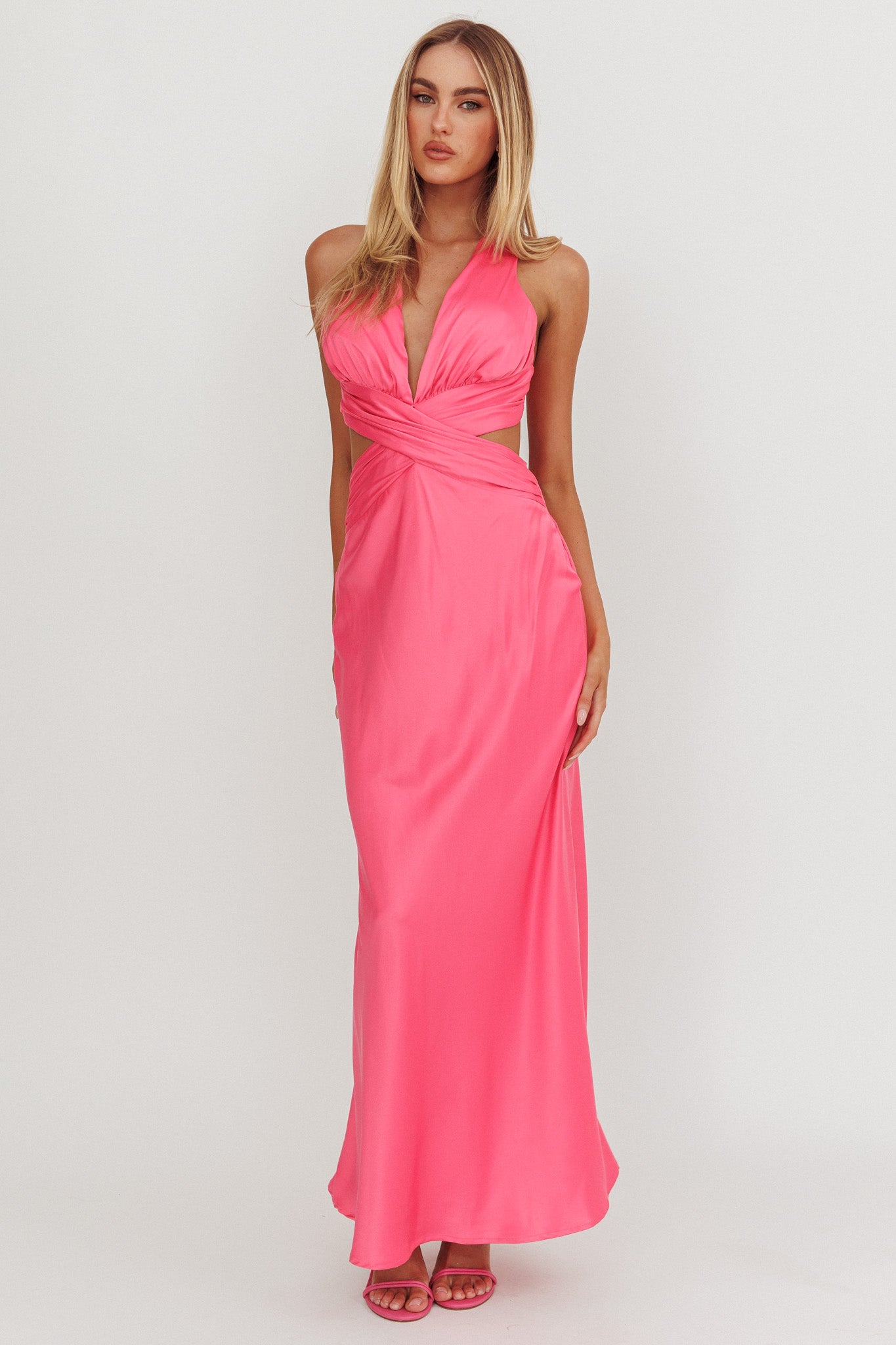 On And On Crossover Cut-Out Maxi Dress Hot Pink-Fable Dress