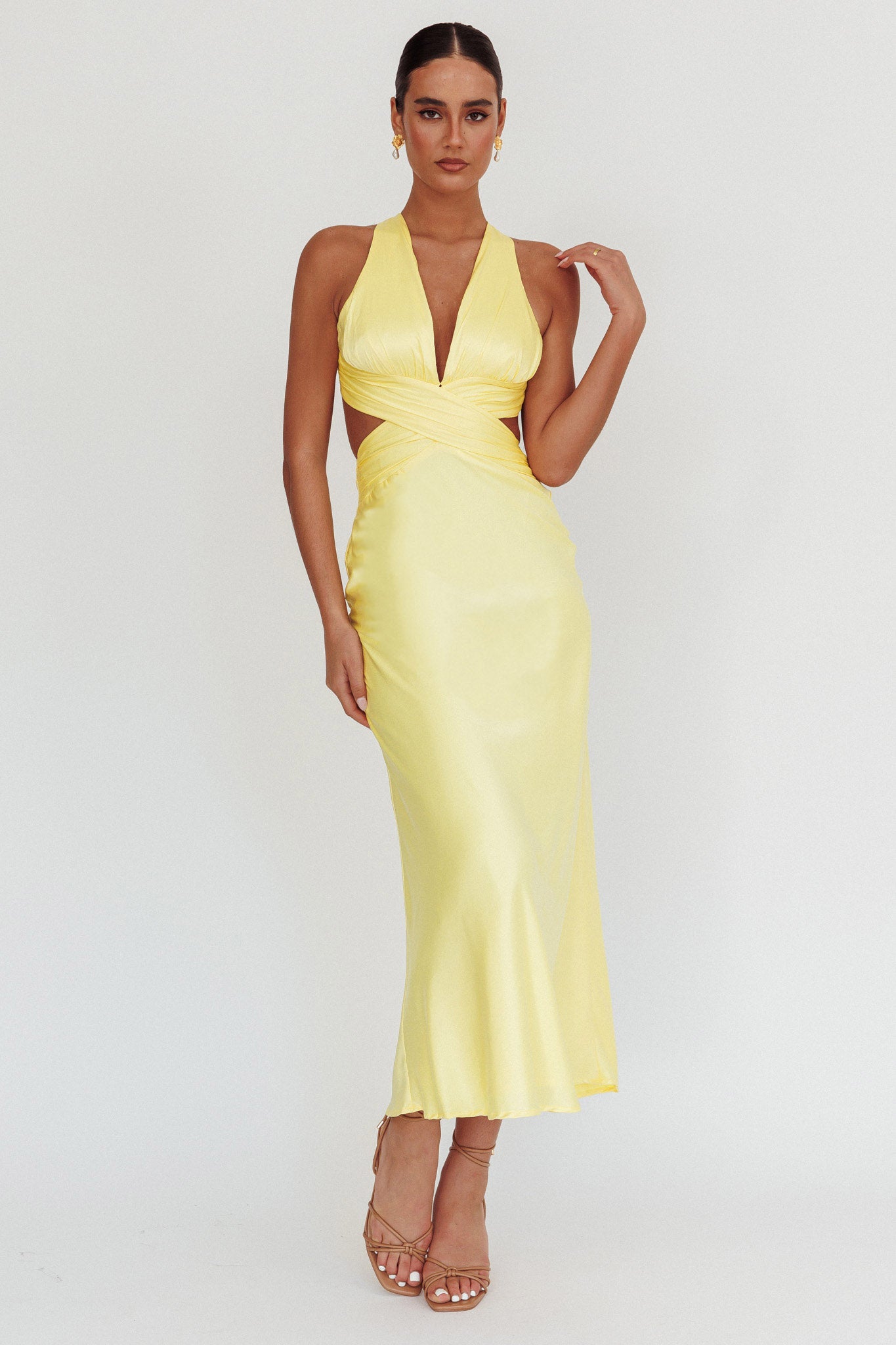 On And On Crossover Cut-Out Maxi Dress Lemon-Fable Dress
