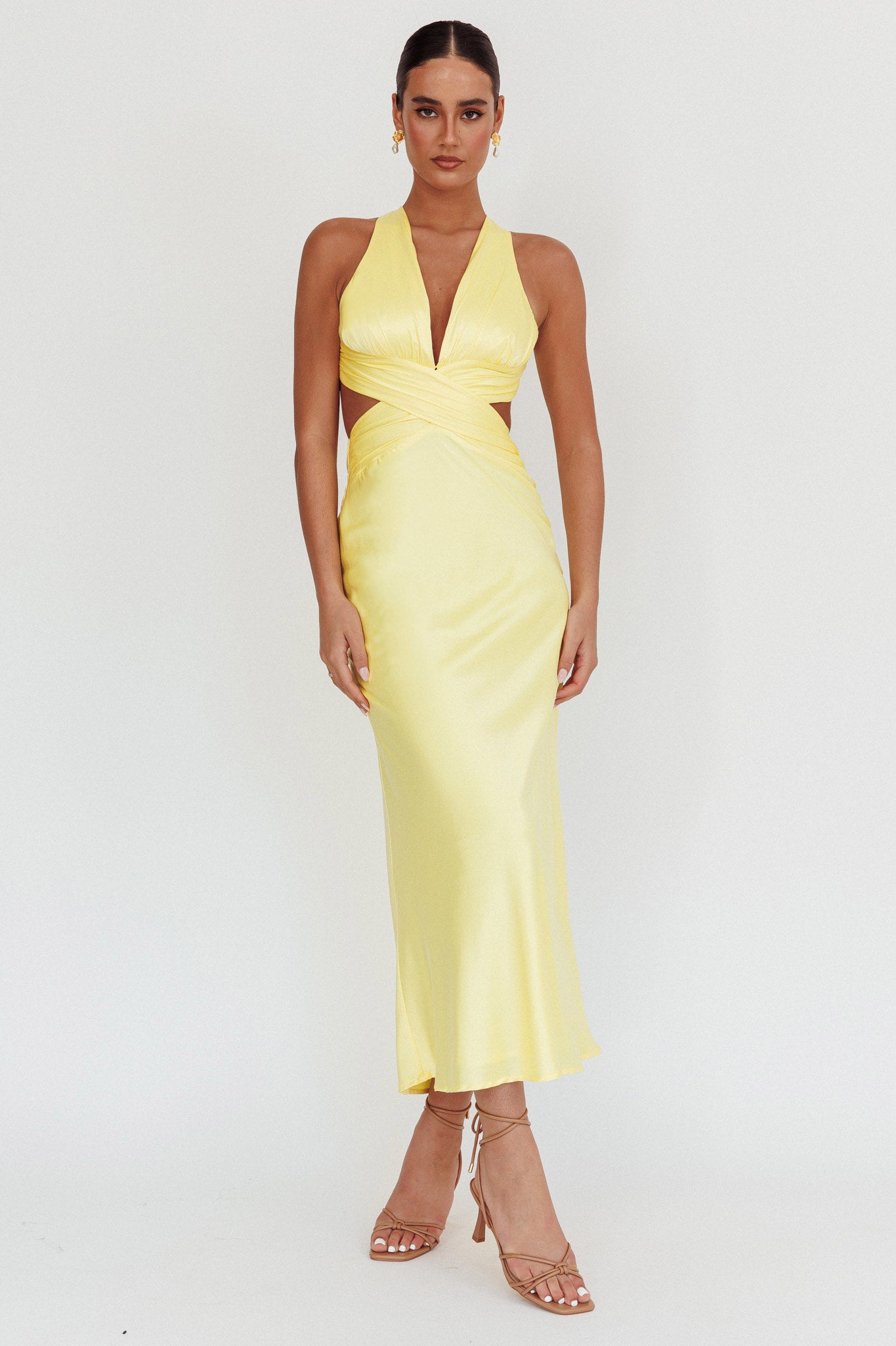 On And On Crossover Cut-Out Maxi Dress Lemon-Fable Dress