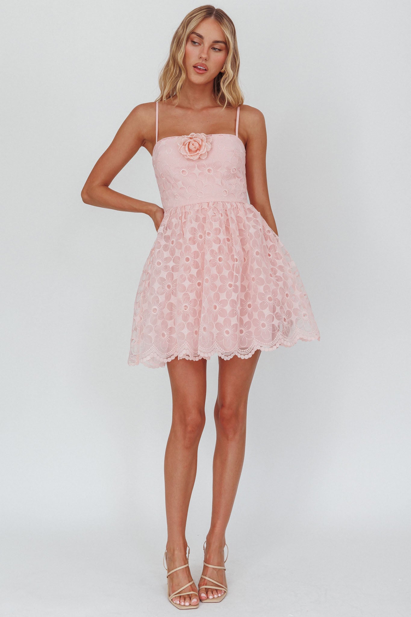 Bahia A-Line Square Neckline Mini Dress Lace Blush-Fable Dress