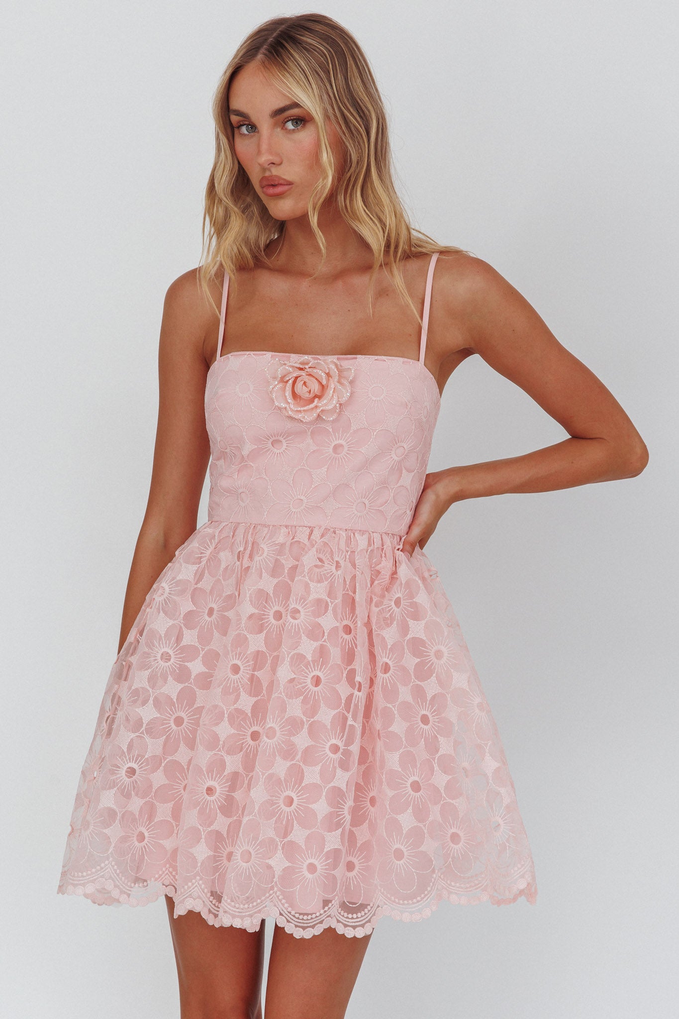 Bahia A-Line Square Neckline Mini Dress Lace Blush-Fable Dress