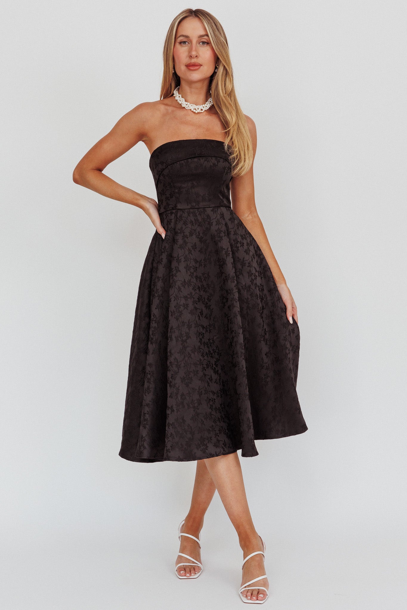 Worship Strapless A-Line Midi Dress Black-Fable Dress