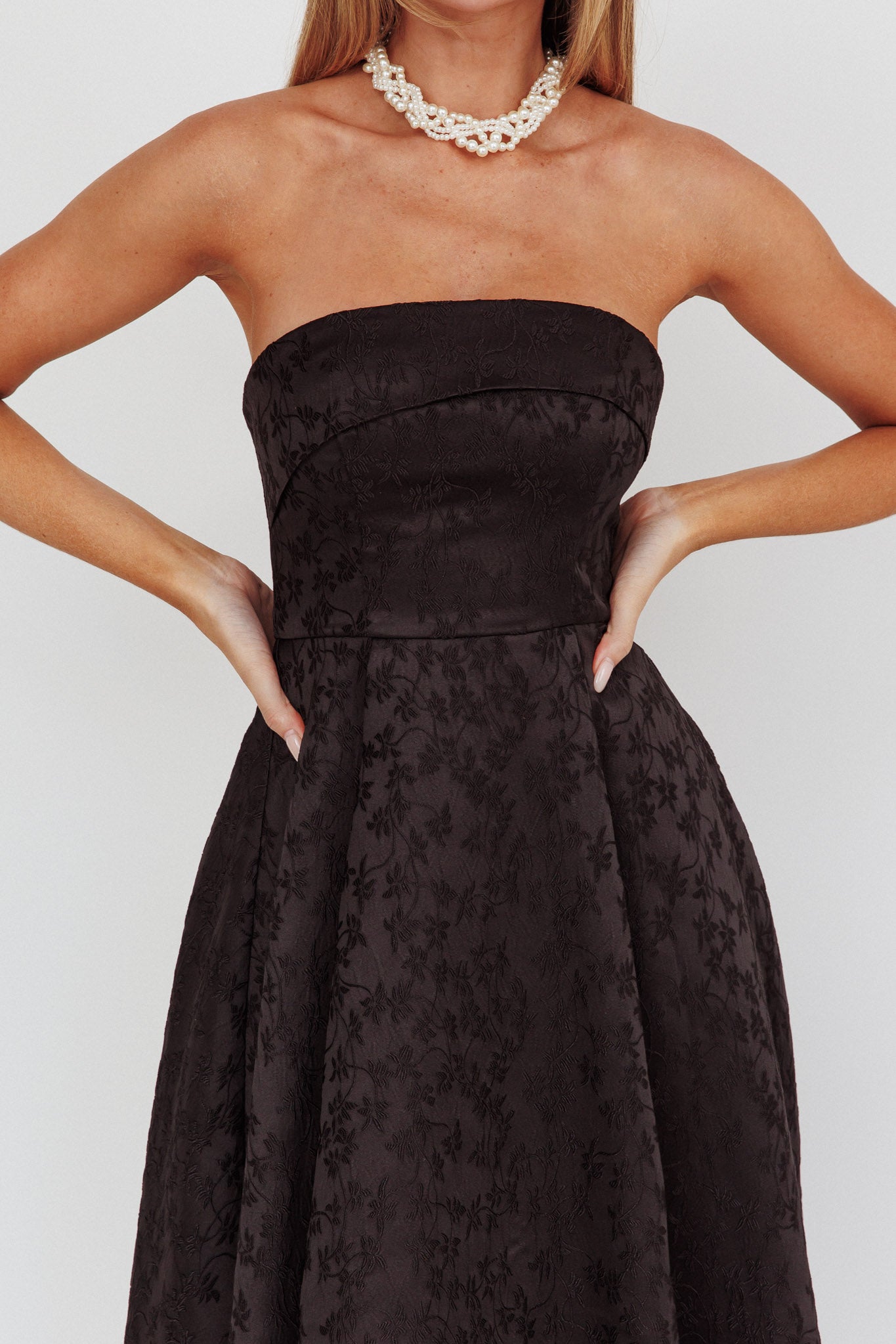 Worship Strapless A-Line Midi Dress Black-Fable Dress