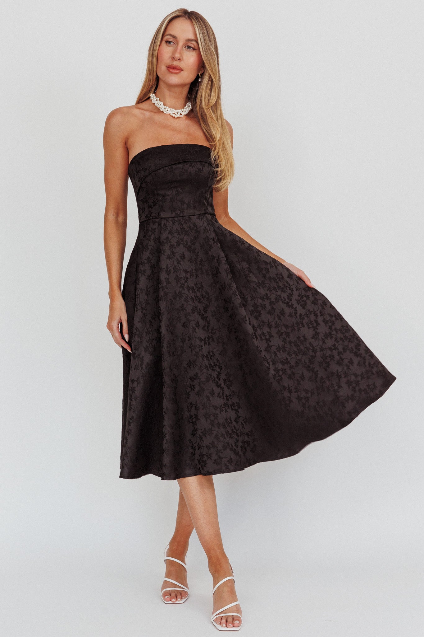 Worship Strapless A-Line Midi Dress Black-Fable Dress