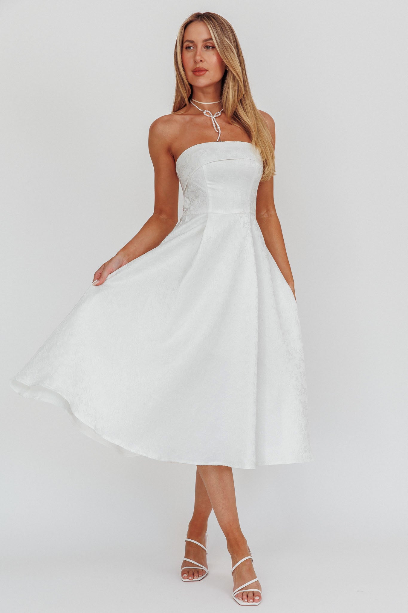 Worship Strapless A-Line Midi Dress White-Fable Dress