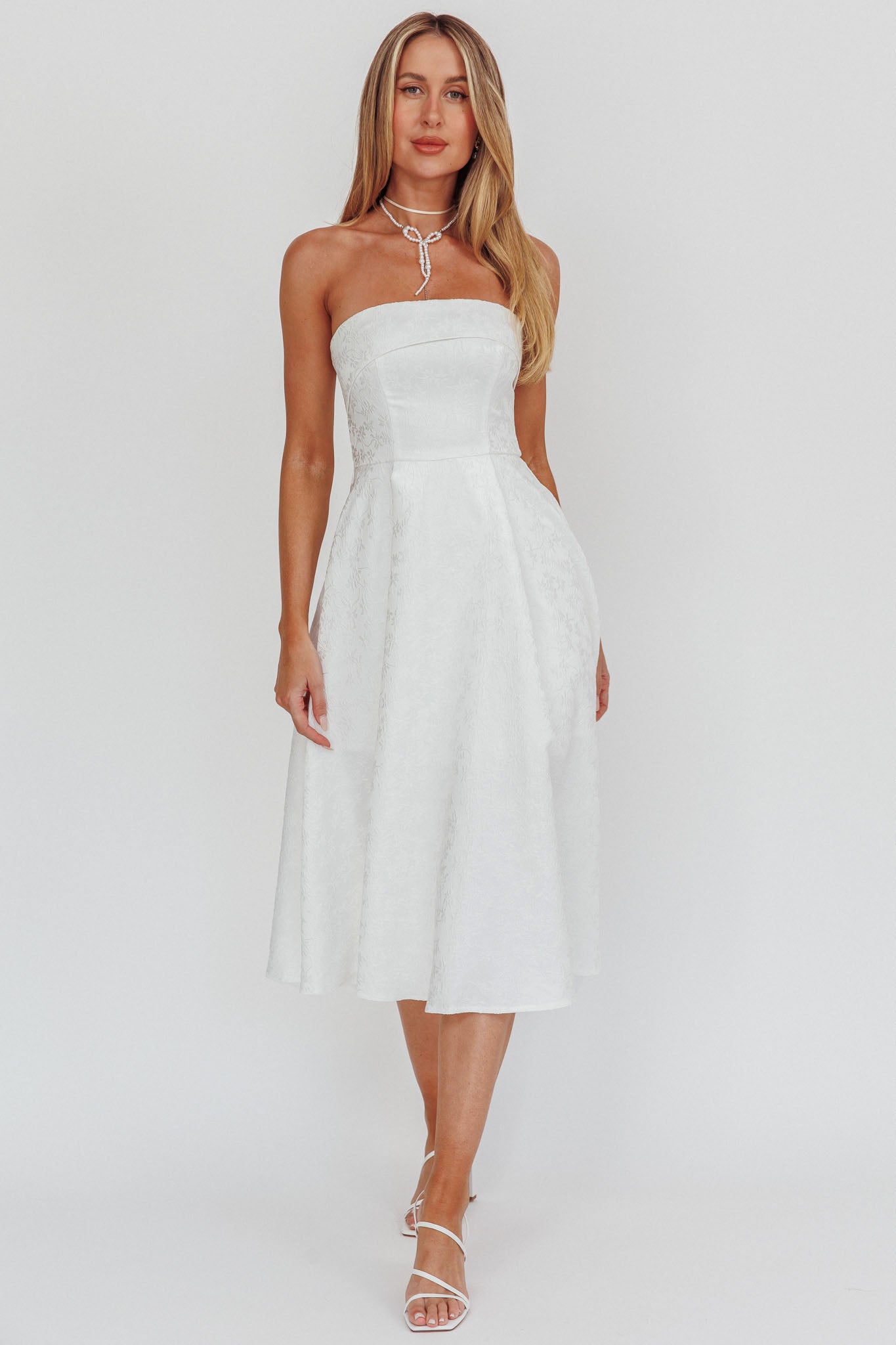 Worship Strapless A-Line Midi Dress White-Fable Dress