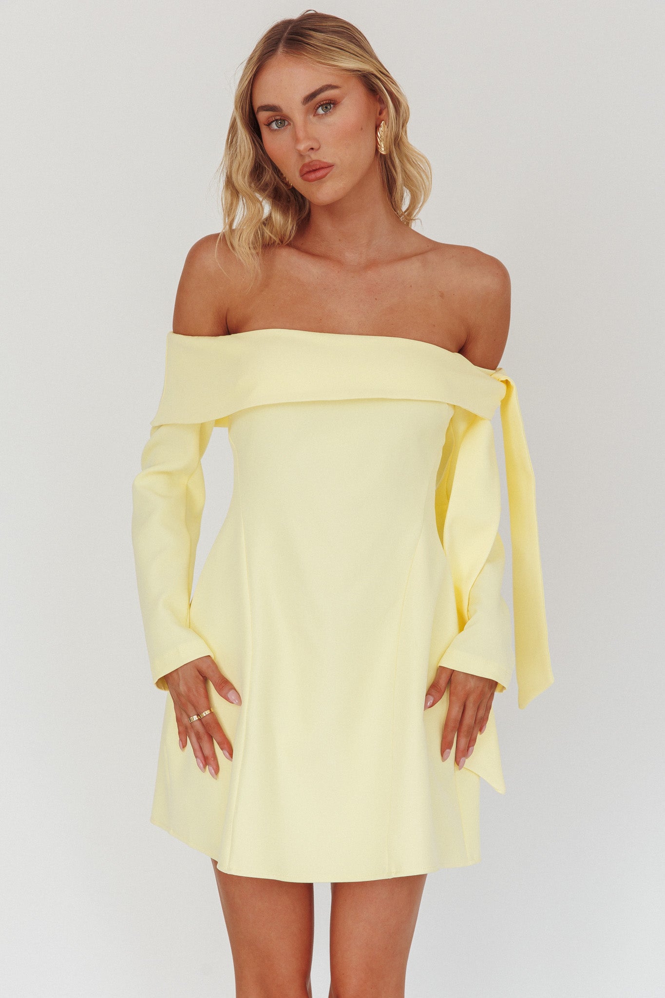 Aurora Sky Off-Shoulder Tie Mini Dress Lemon-Fable Dress