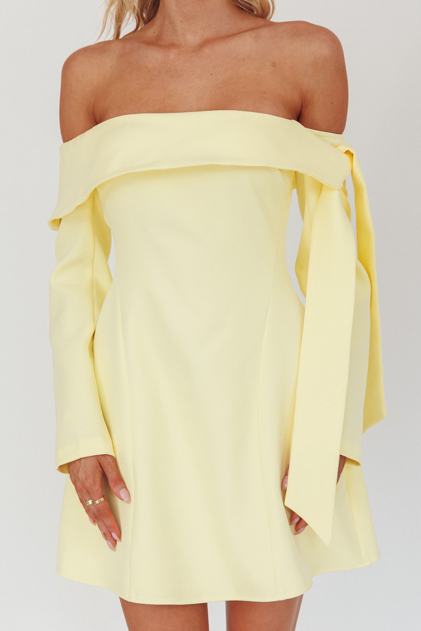 Aurora Sky Off-Shoulder Tie Mini Dress Lemon-Fable Dress