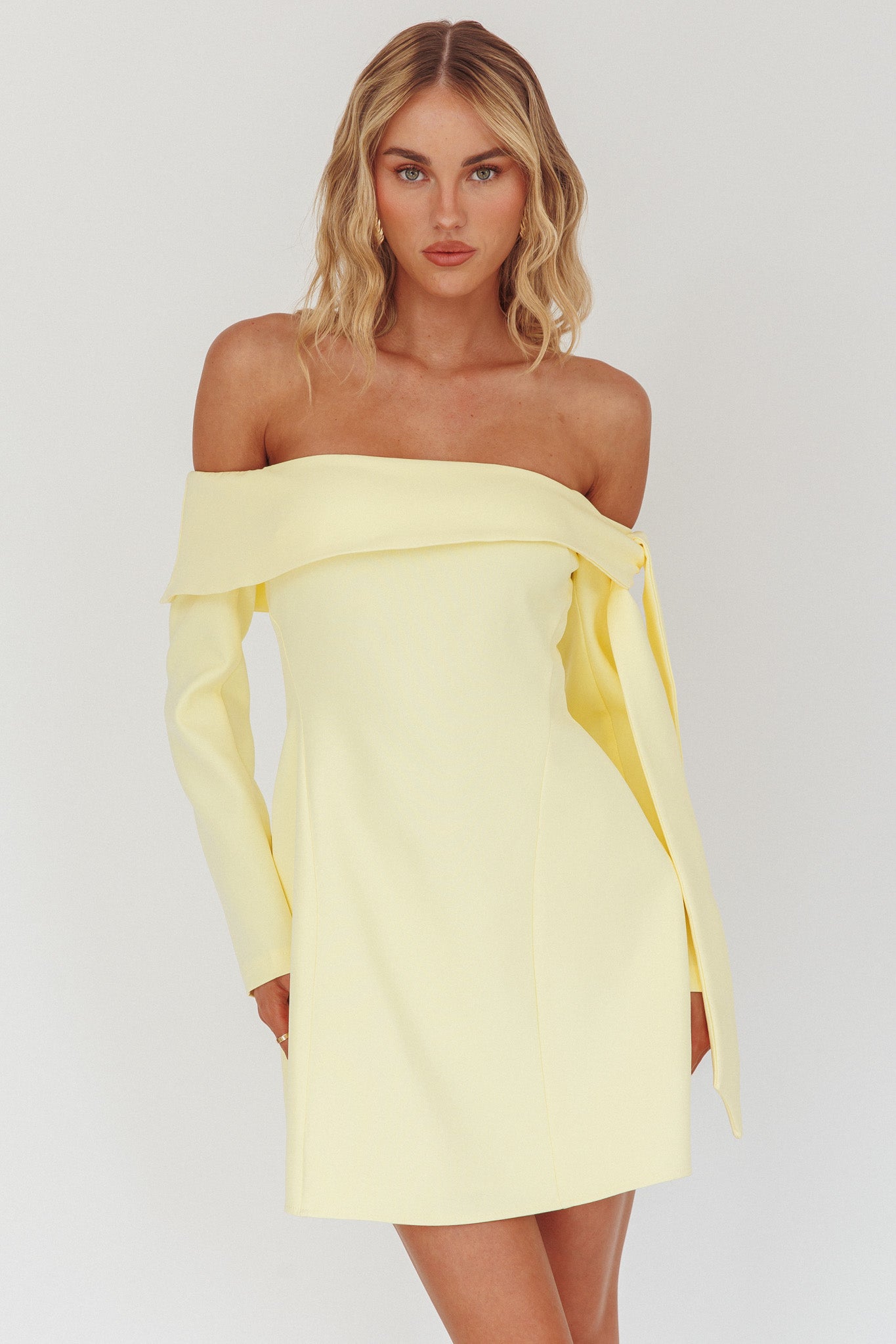 Aurora Sky Off-Shoulder Tie Mini Dress Lemon-Fable Dress