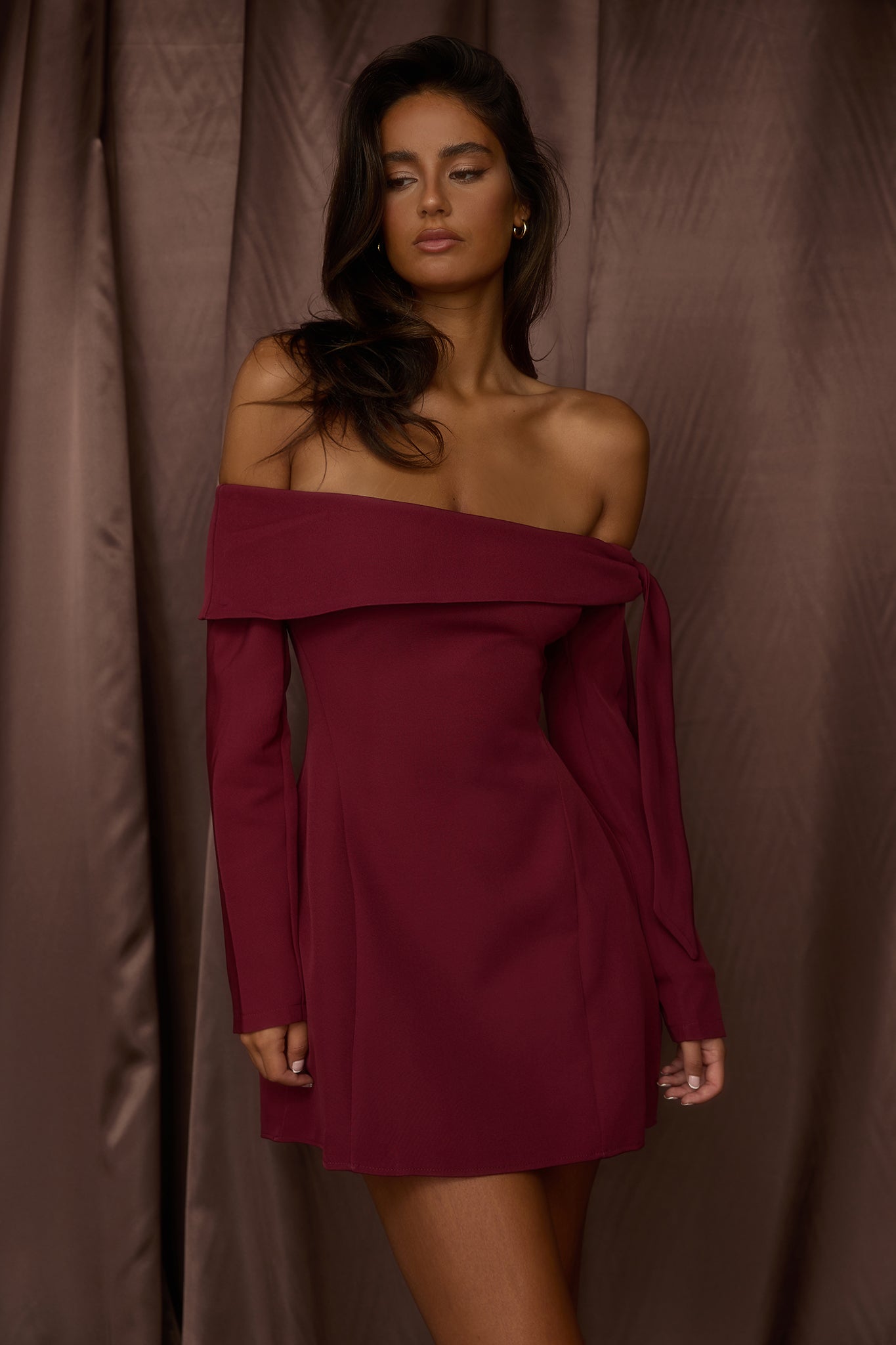 Aurora Sky Off-Shoulder Tie Mini Dress Wine-Fable Dress