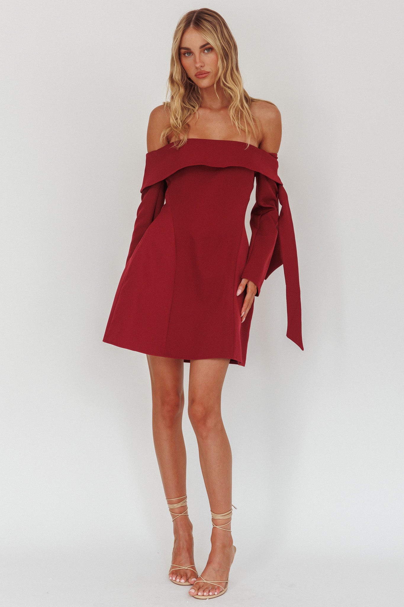 Aurora Sky Off-Shoulder Tie Mini Dress Wine-Fable Dress