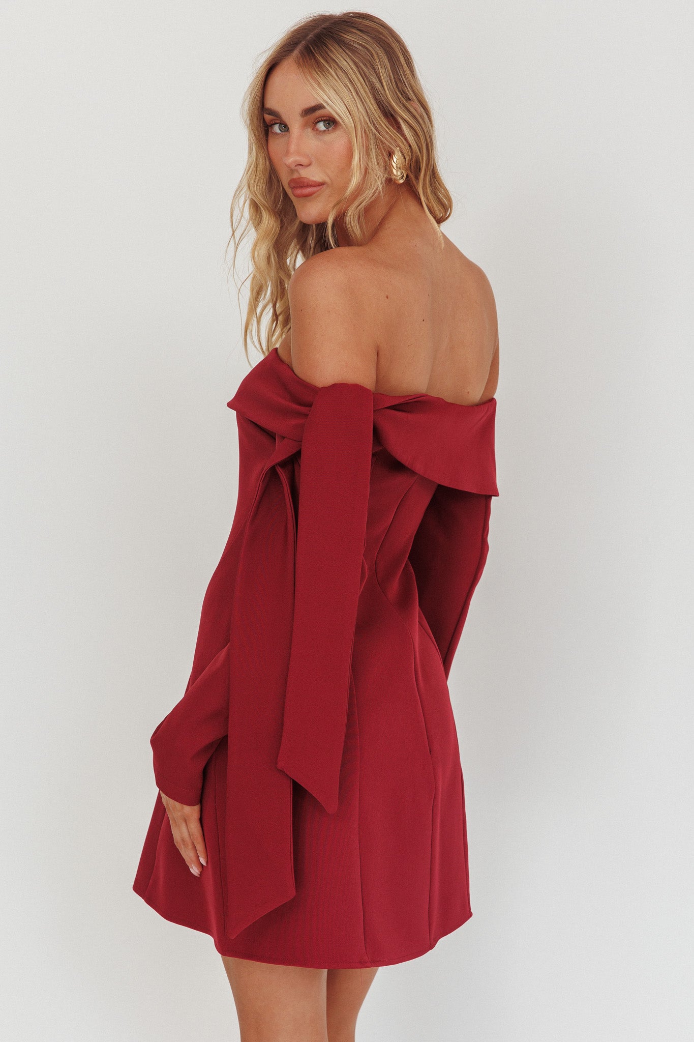 Aurora Sky Off-Shoulder Tie Mini Dress Wine-Fable Dress