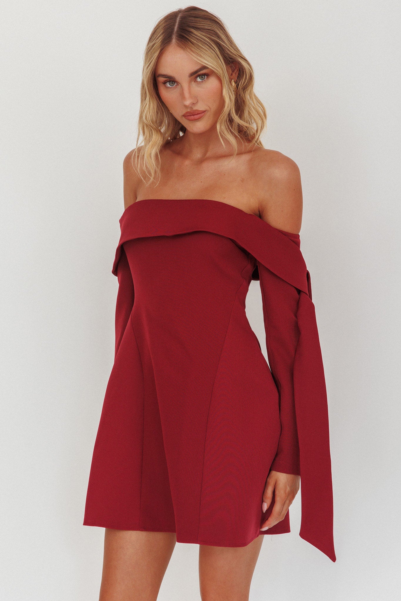 Aurora Sky Off-Shoulder Tie Mini Dress Wine-Fable Dress