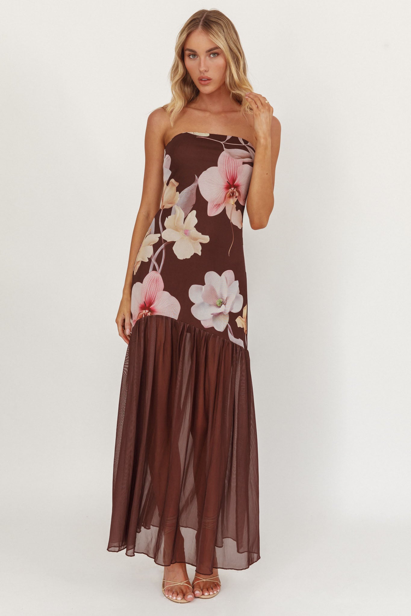 Wilma Sheer Hem Strapless Midi Dress Orchids Brown-Fable Dress