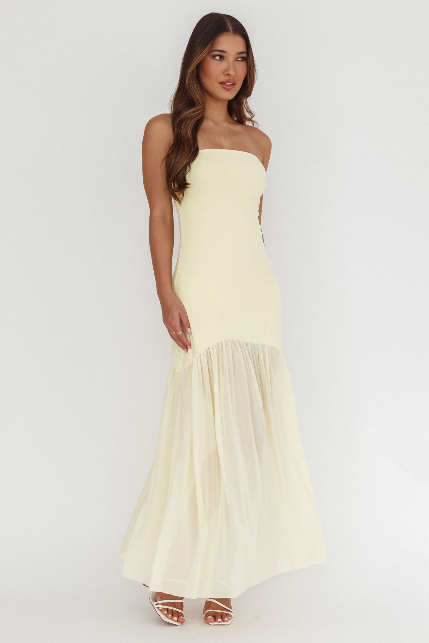 Wilma Sheer Hem Strapless Midi Dress Butter-Fable Dress