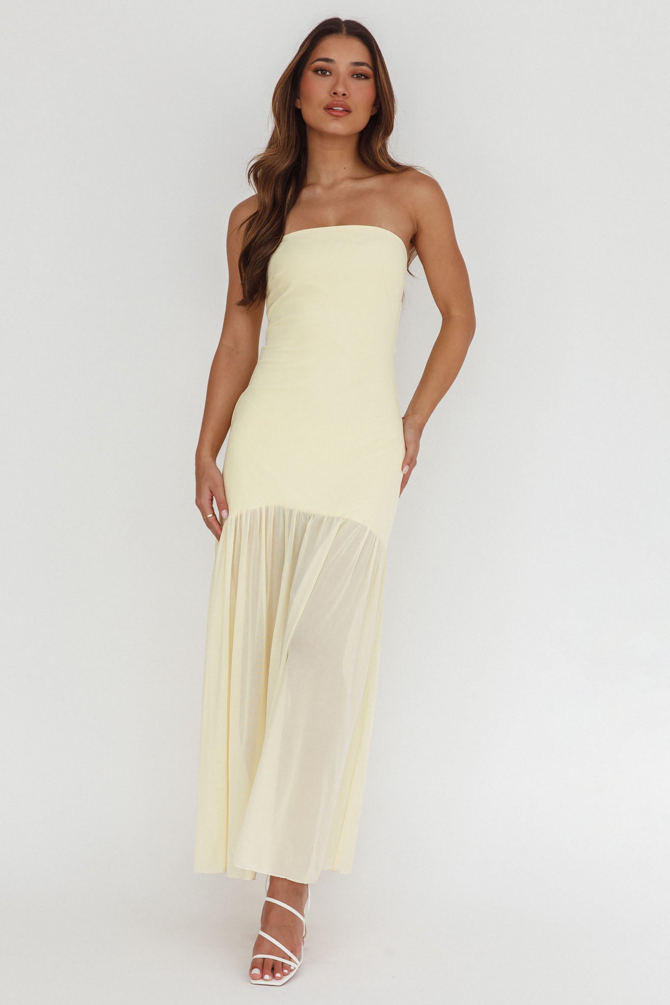 Wilma Sheer Hem Strapless Midi Dress Butter-Fable Dress