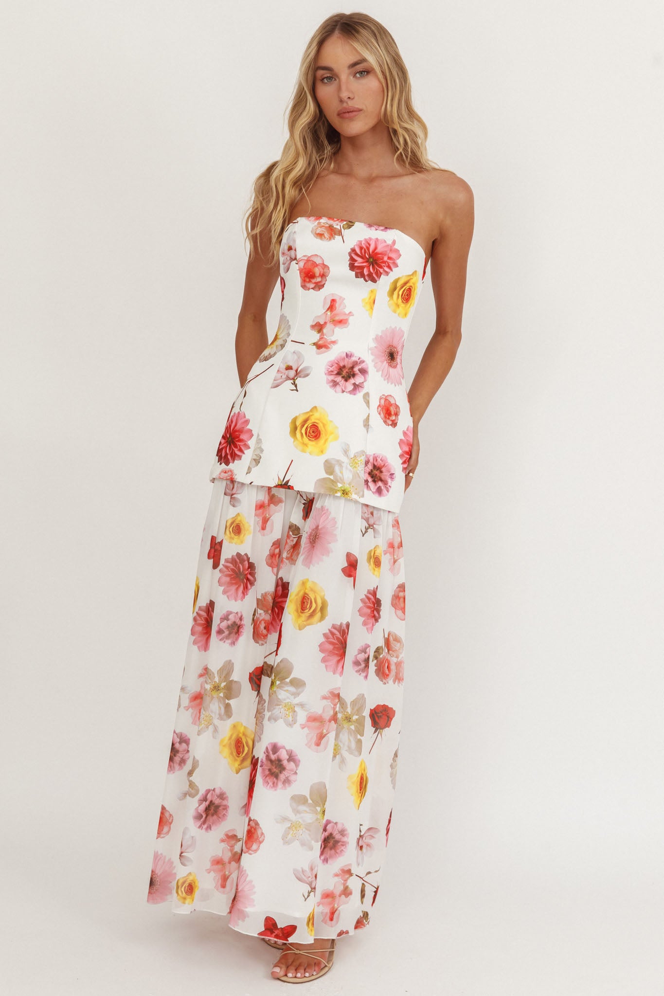 Wilma Flowy Hem Strapless Maxi Dress Floral-Fable Dress