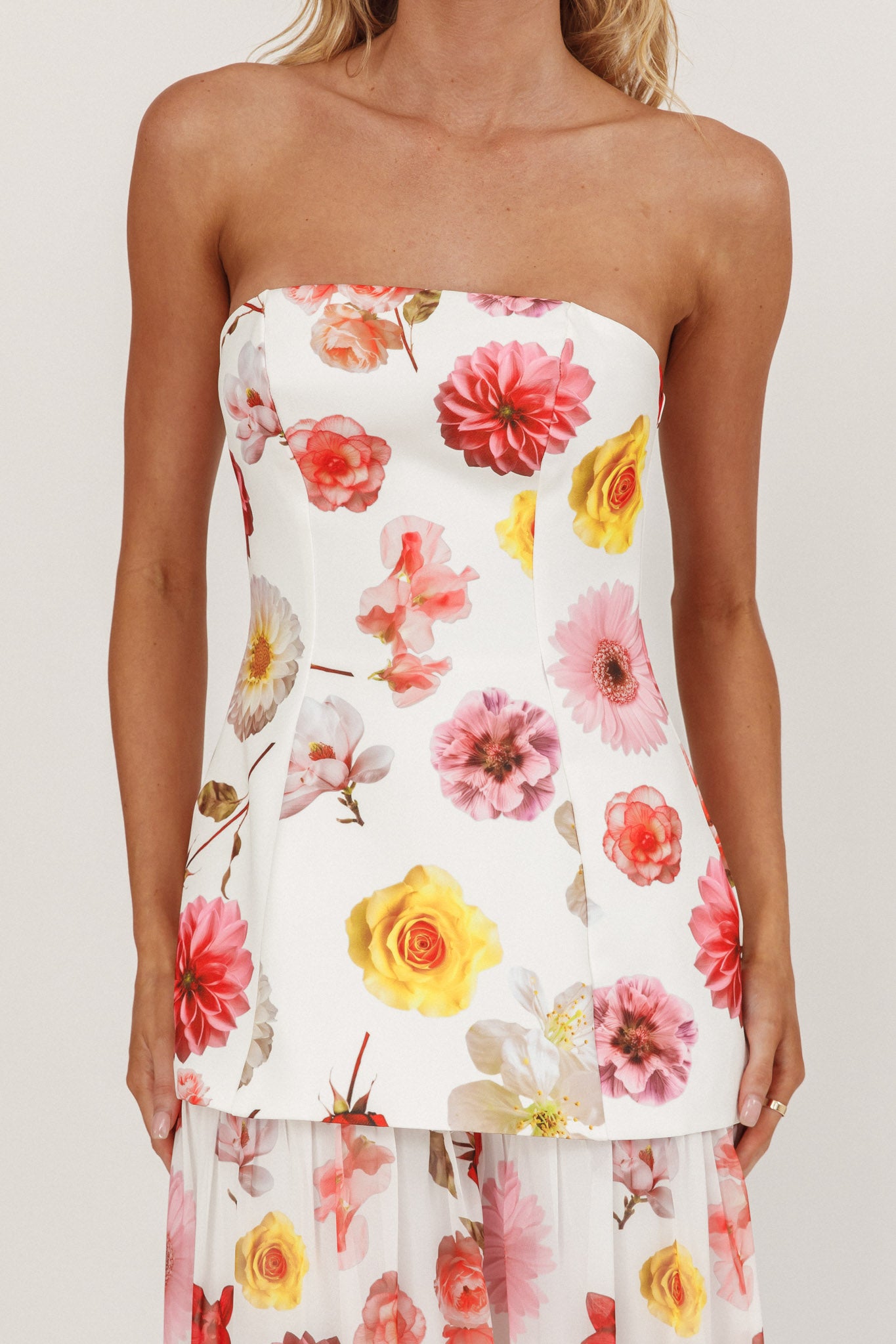 Wilma Flowy Hem Strapless Maxi Dress Floral-Fable Dress
