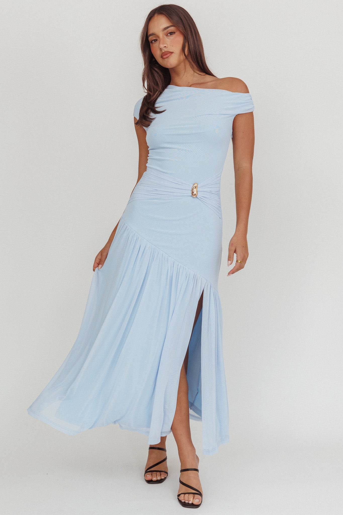 Azure Sun Asymmetric Neckline Split Maxi Dress Blue-Fable Dress