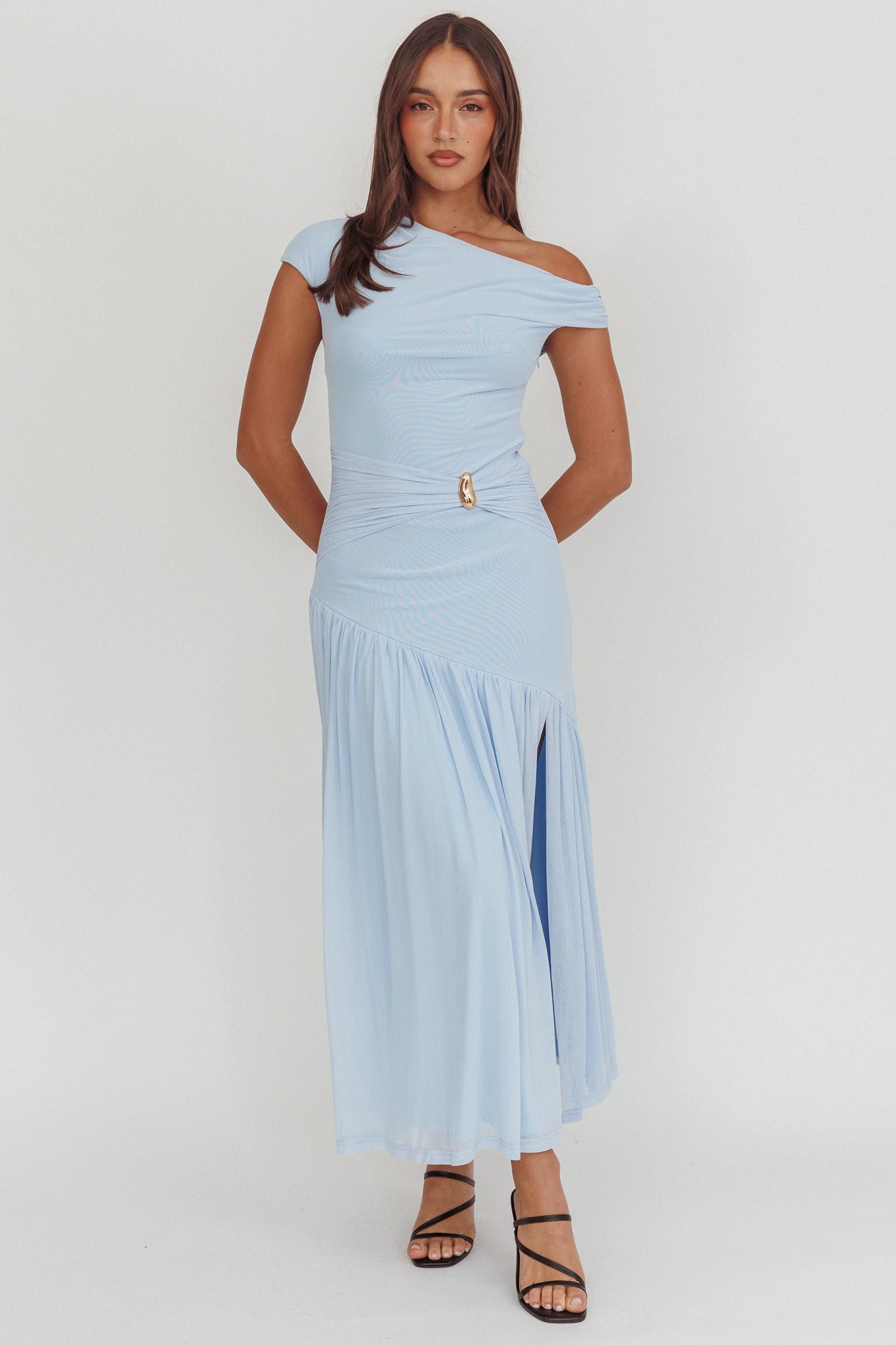 Azure Sun Asymmetric Neckline Split Maxi Dress Blue-Fable Dress