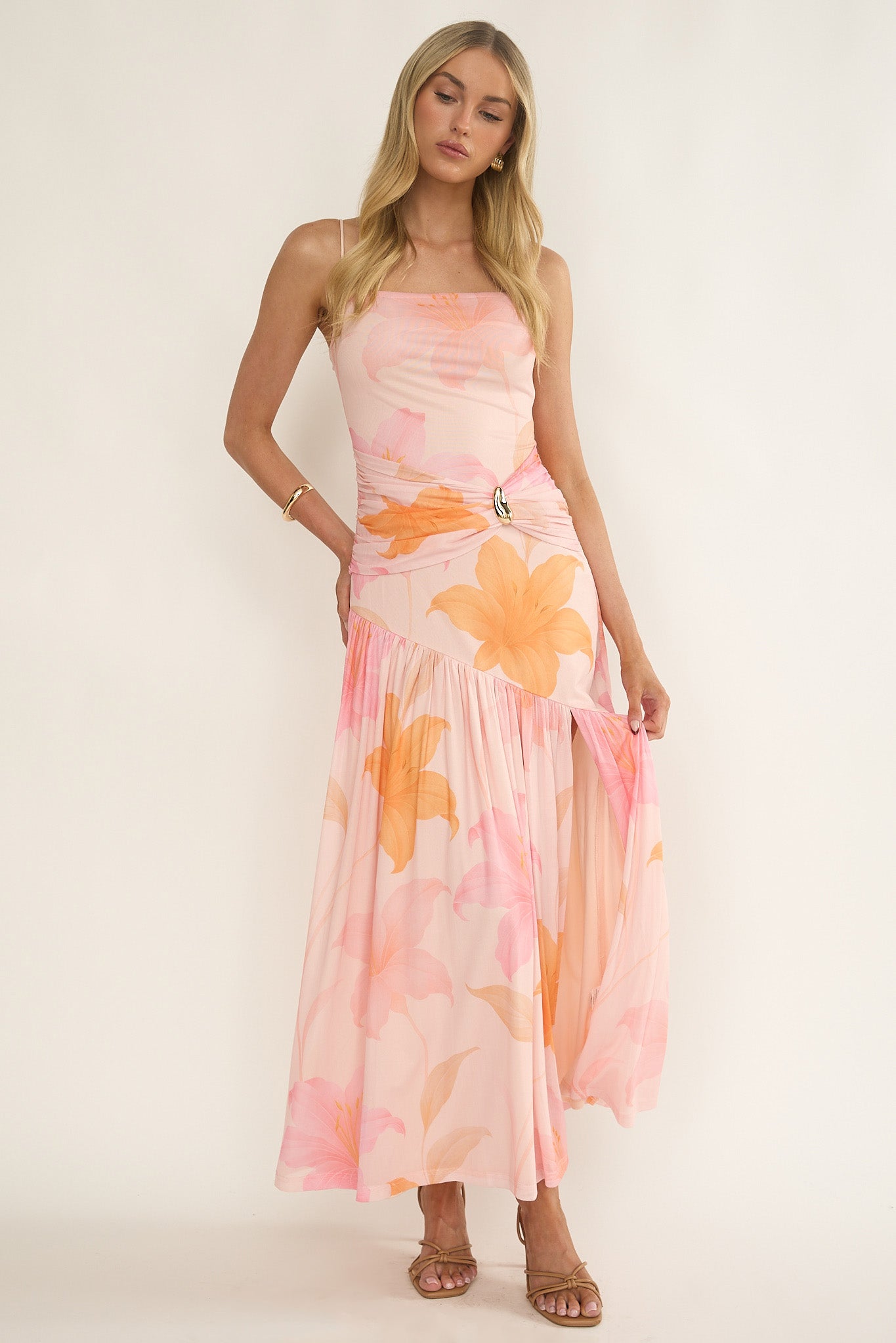 Azure Sun Drop Waist Split Maxi Dress Print Orange-Fable Dress