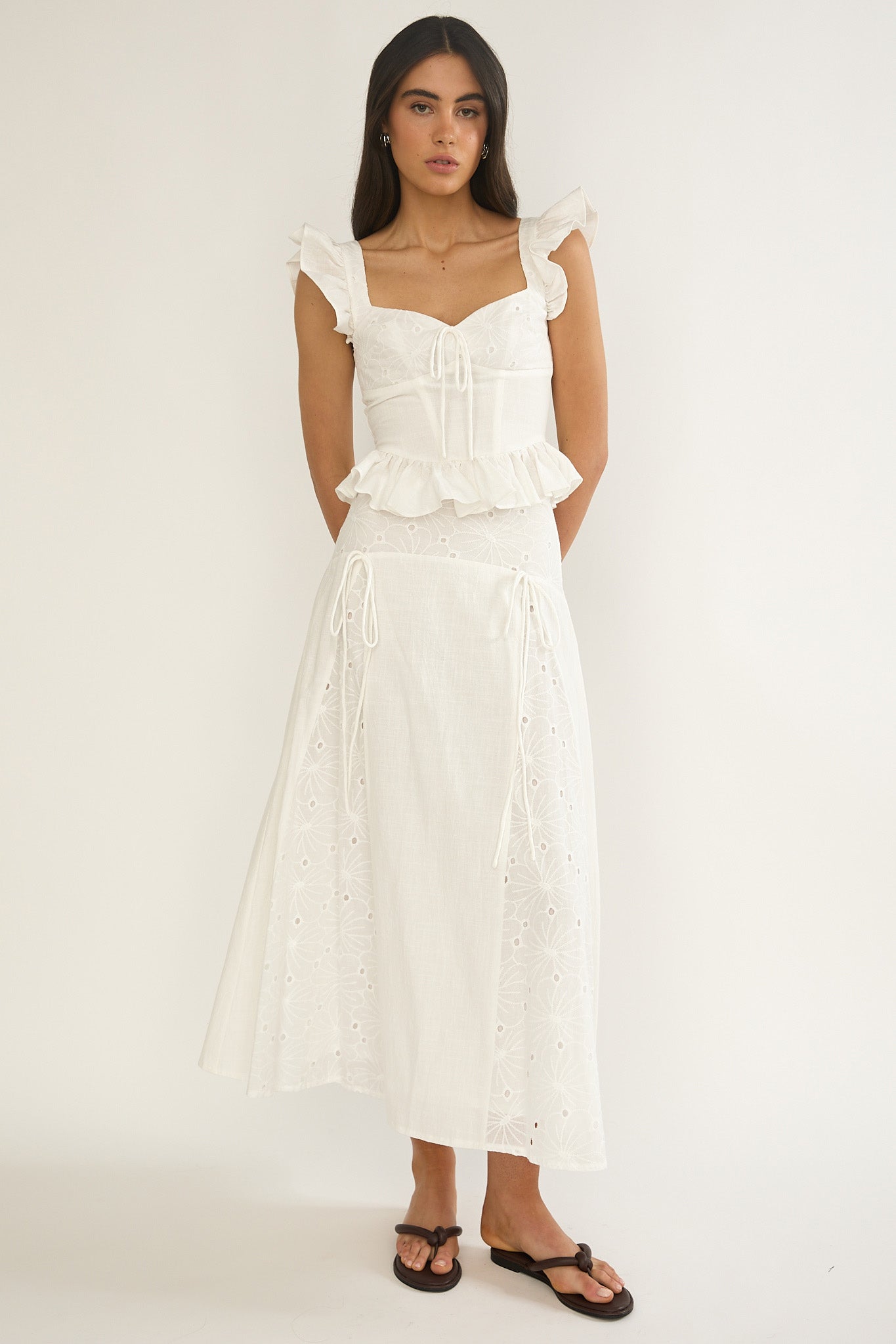 Danette String Tie Embroidery Maxi Skirt White-Fable Dress