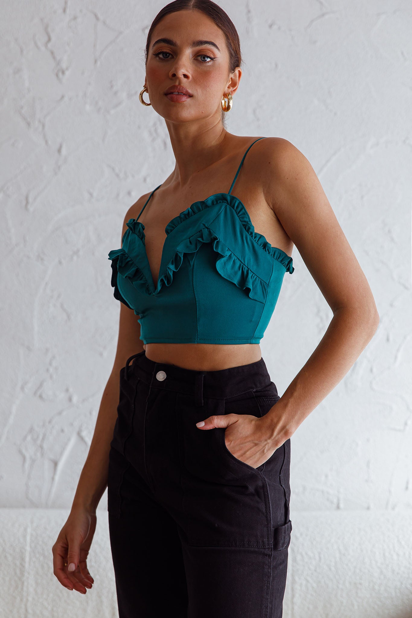 La Seine V-Neckline Frill Trim Crop Top Forest Green-Fable Dress