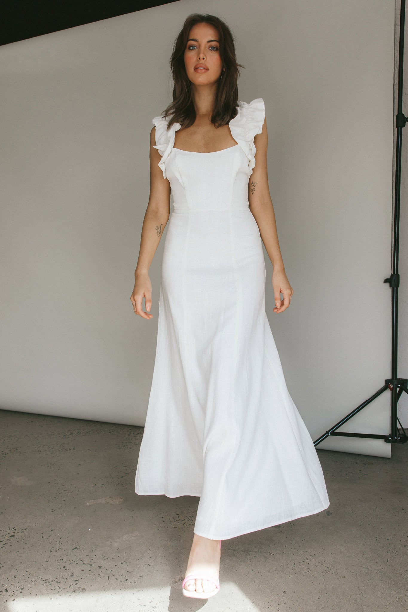 Bronte Ruffle Strap Midi Dress Cream-Fable Dress