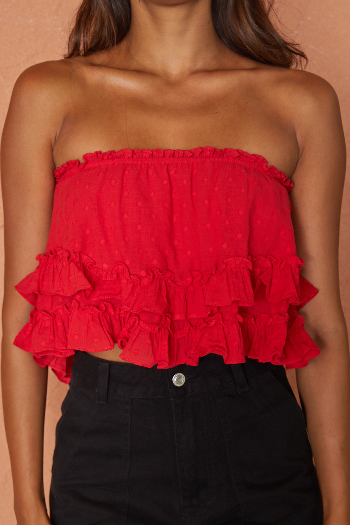 Meet Me At Sunset Frill Trim Bandeau Top Red-Fable Dress