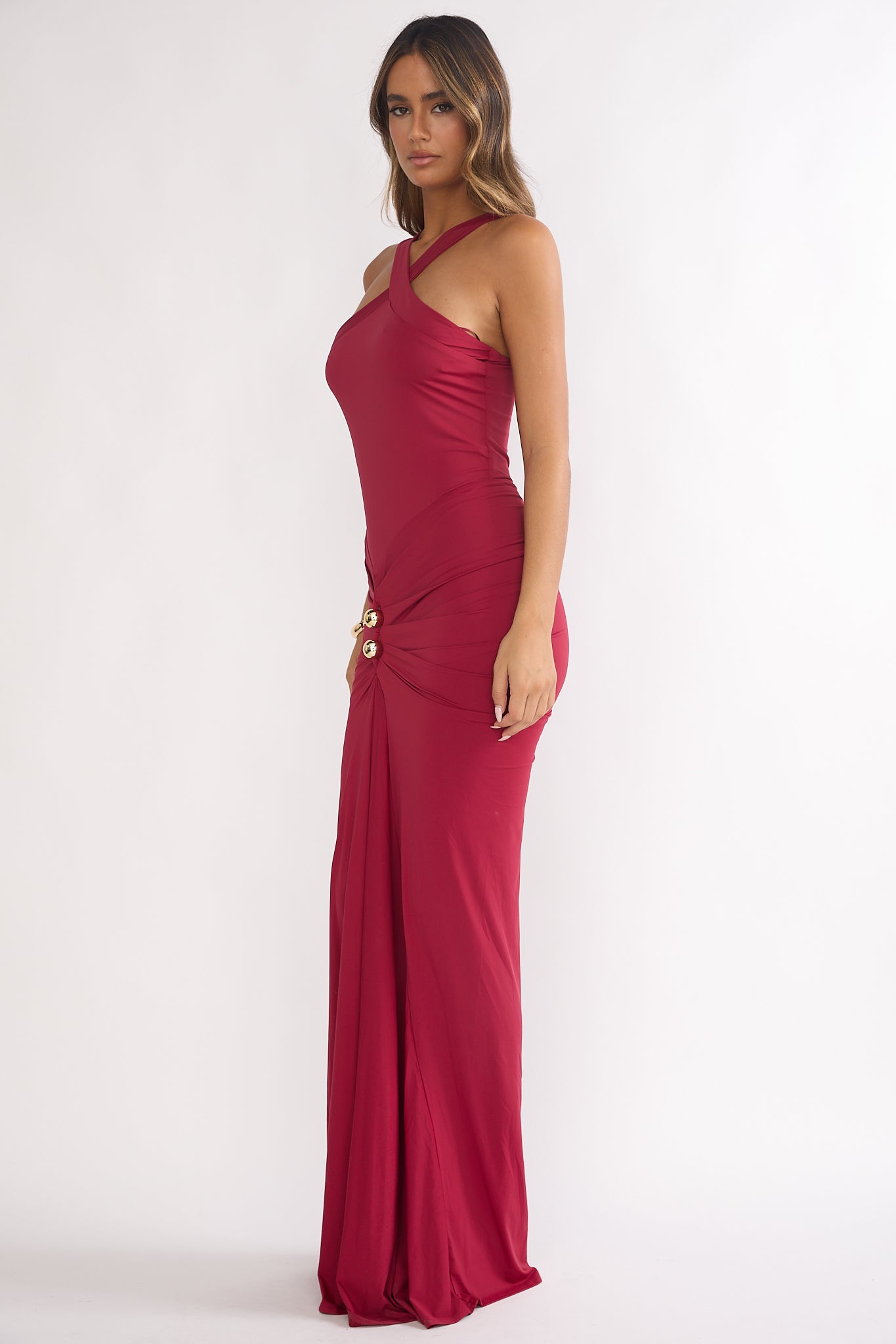 Delaina Ruched Waist Gold Accent Maxi Dress Wine-Fable Dress