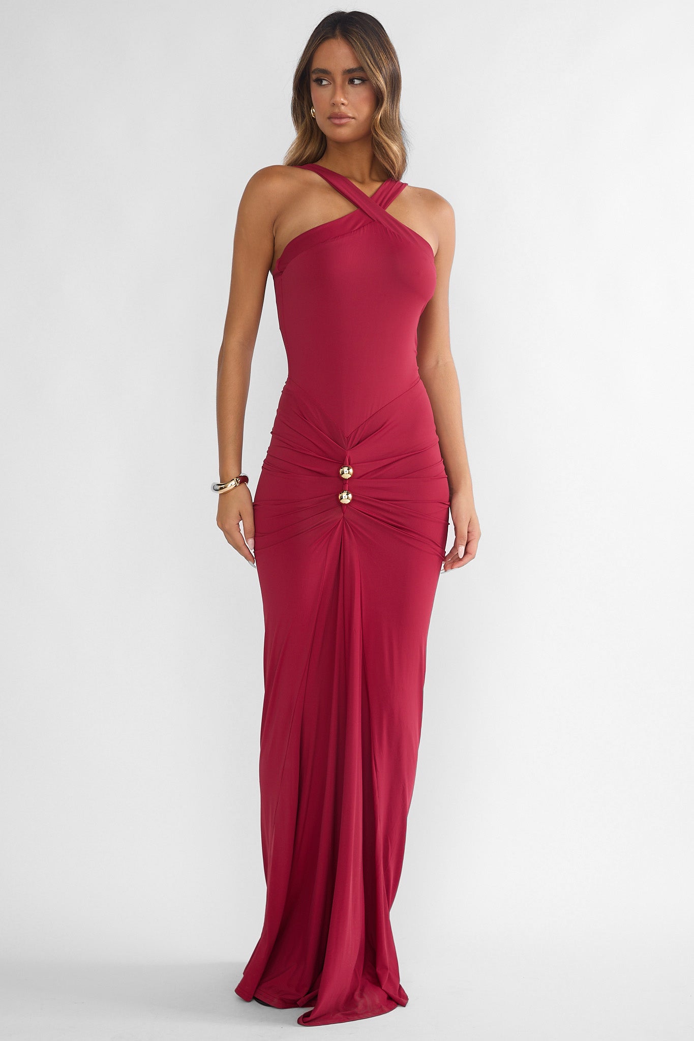 Delaina Ruched Waist Gold Accent Maxi Dress Wine-Fable Dress