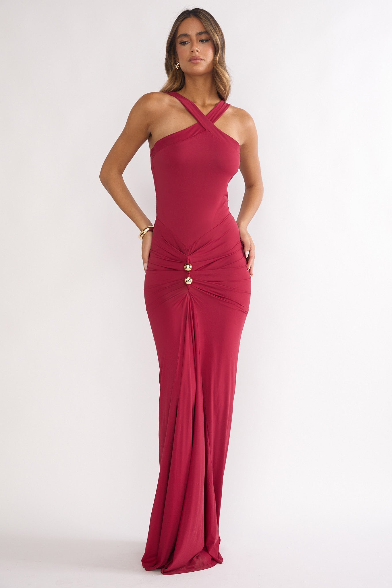 Delaina Ruched Waist Gold Accent Maxi Dress Wine-Fable Dress