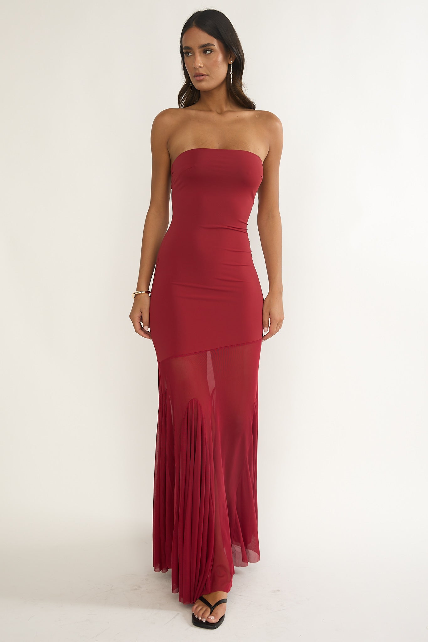 Velvet Rope Strapless Mesh Maxi Dress Wine-Fable Dress