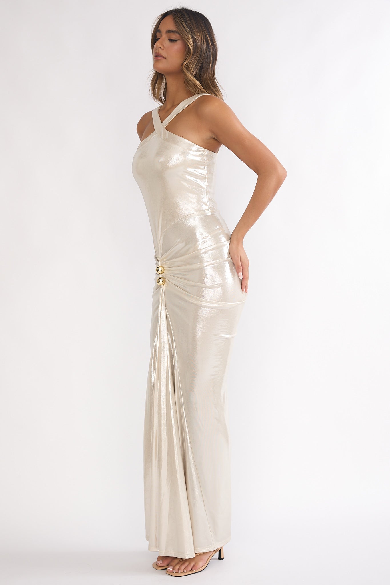 Delaina Ruched Waist Gold Accent Maxi Dress Pearl-Fable Dress