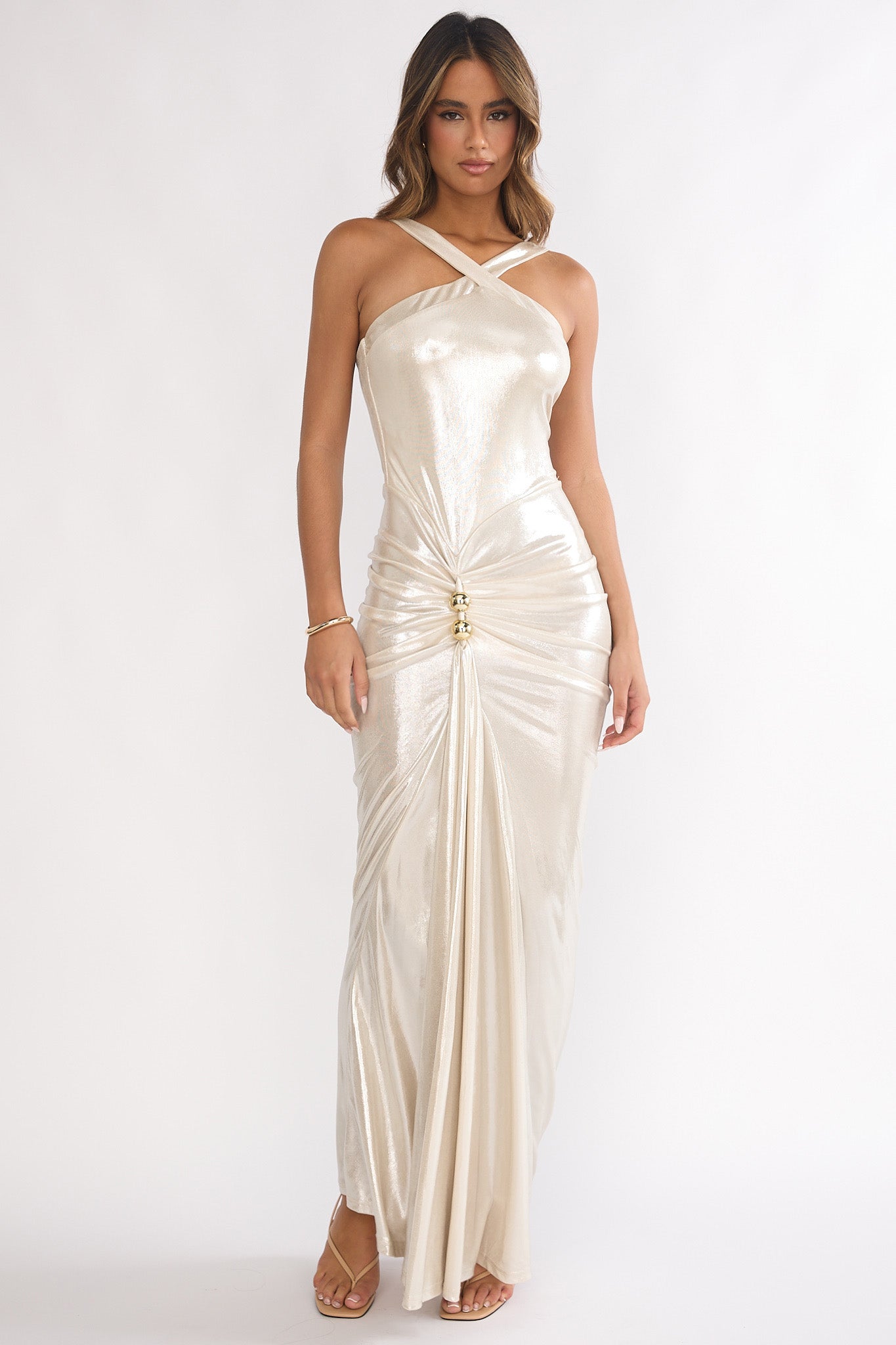 Delaina Ruched Waist Gold Accent Maxi Dress Pearl-Fable Dress