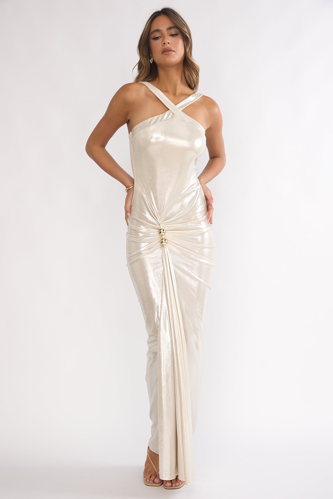 Delaina Ruched Waist Gold Accent Maxi Dress Pearl-Fable Dress