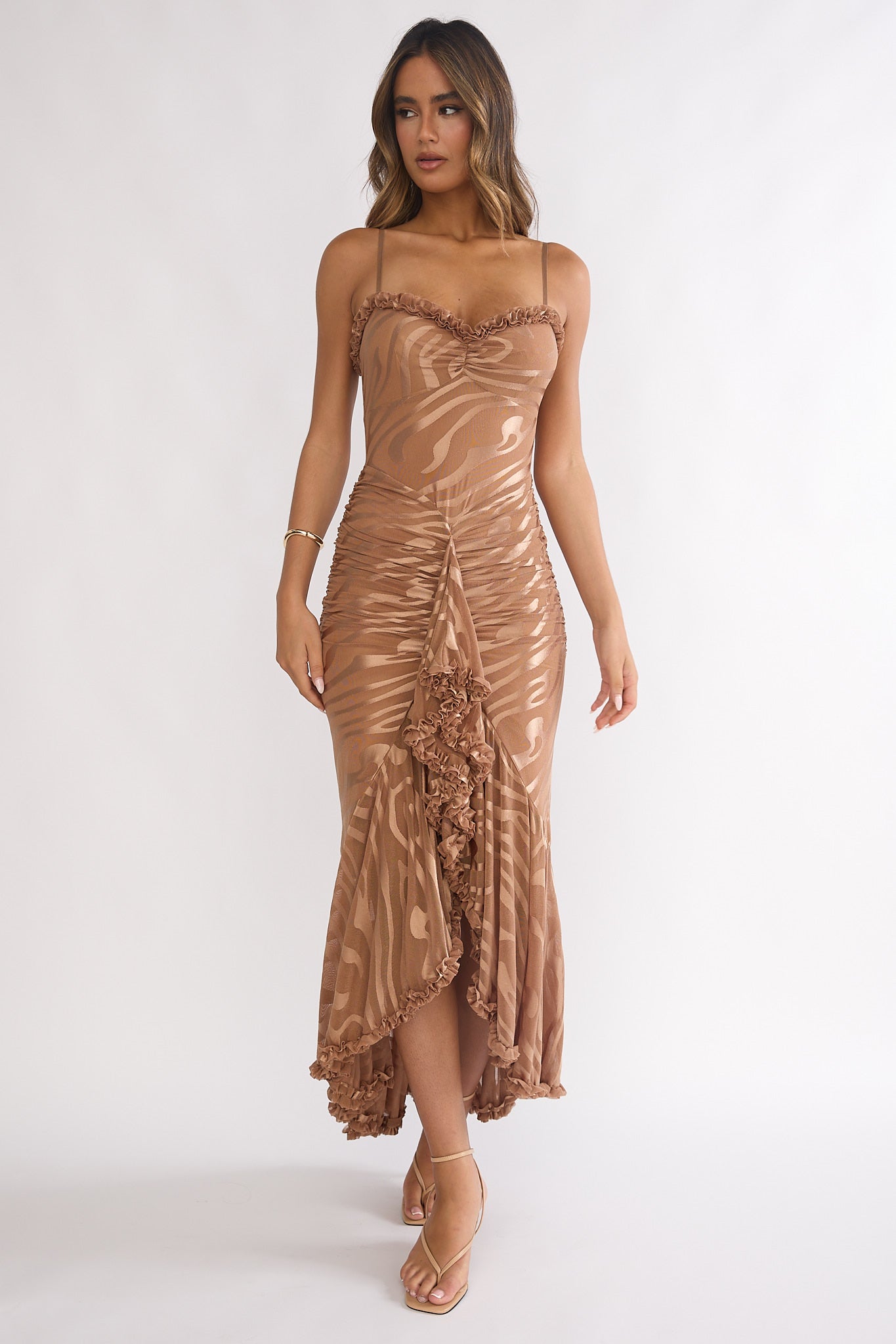 Everine Ruched Frill Trim Maxi Dress Mocha-Fable Dress