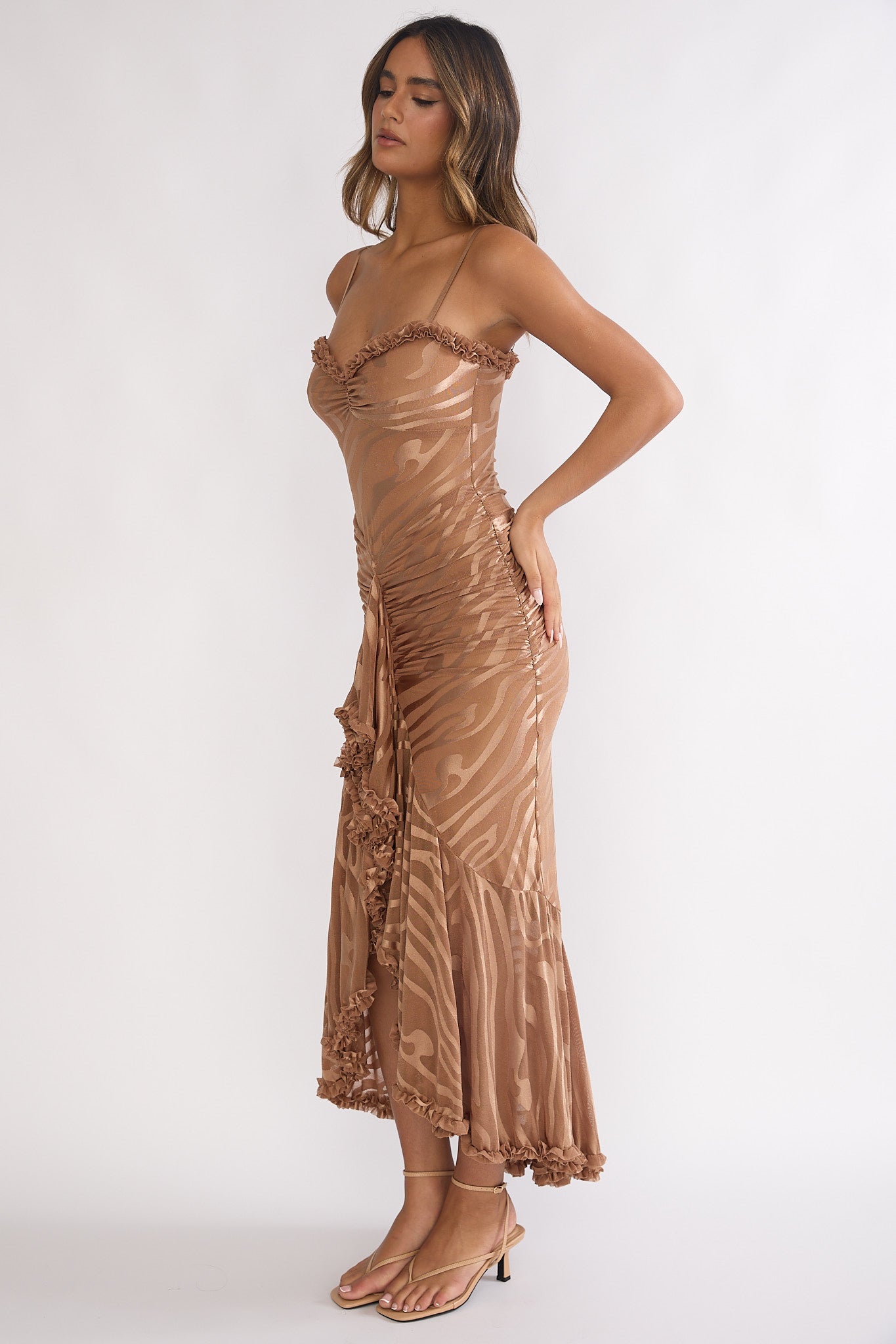 Everine Ruched Frill Trim Maxi Dress Mocha-Fable Dress